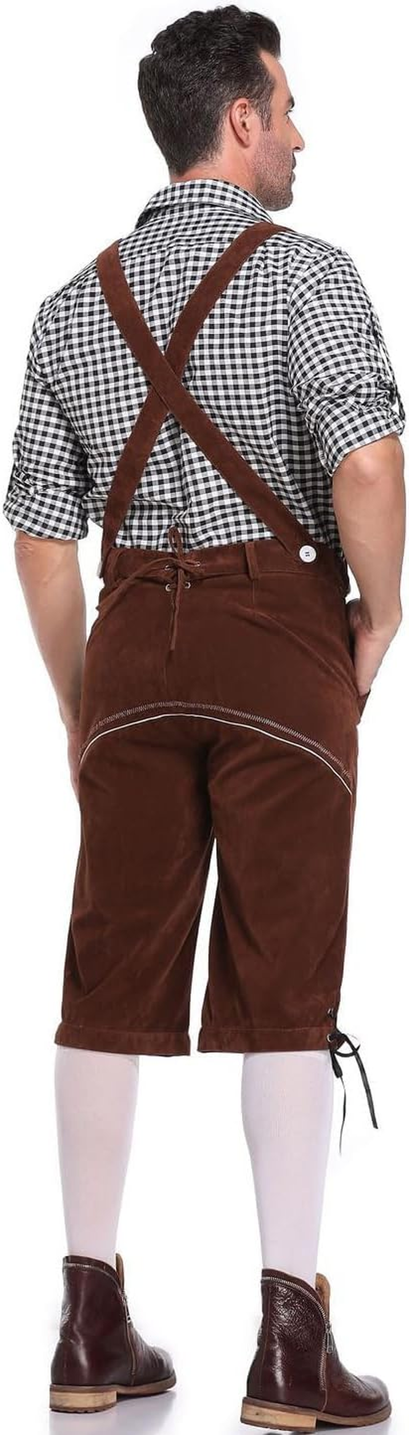 Slowton Oktoberfest Costume for Men - 2PCS Men Lederhosen Set with Suspenders and Shirt Adult German Bavarian Brown Lederhosen Outfits for Halloween Dress up Party Beer Festival Costume image number 4