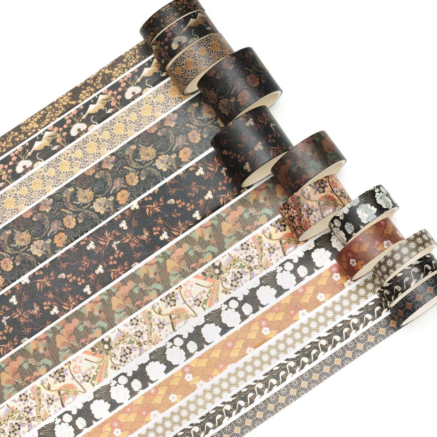 KAVI' S 12 Rolls Kyoto Charm Washi Tape Set Japanese Arts Adhesive Tapes Geometric Garden Decorative Masking Tape Sets for Craft, Kids, Scrapbook, DIY, Gift Wrapping (Black Elegance) - Black Elegance image number 2