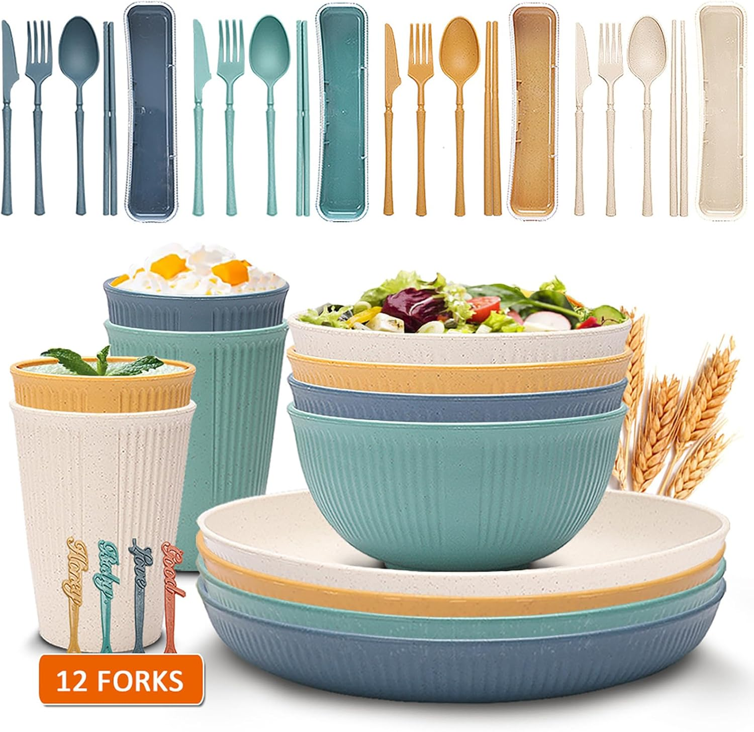 32 Pieces Wheat Straw Dinnerware Sets, Reusable Unbreakable Dinnerware Set, Plastic Dinnerware Sets, Picnic Camping Dinner Sets, Lightweight Camping Plates Cups and Bowls Set for Dorm Kitchen image number 3