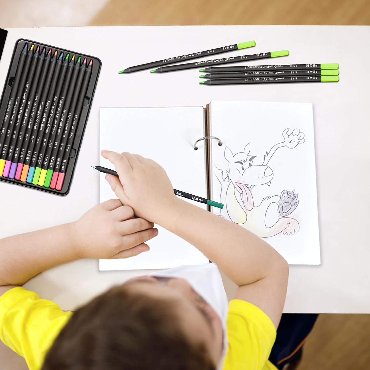 72Pcs Sketching Pencils Set - Drawing Sketch Kit Includes 12 Colored Pencil & 60 Sheets Sketchbook, Gifts for Adults Teens Girls Boys Kids Art Beginners, Fluorescent Colored Set image number 5