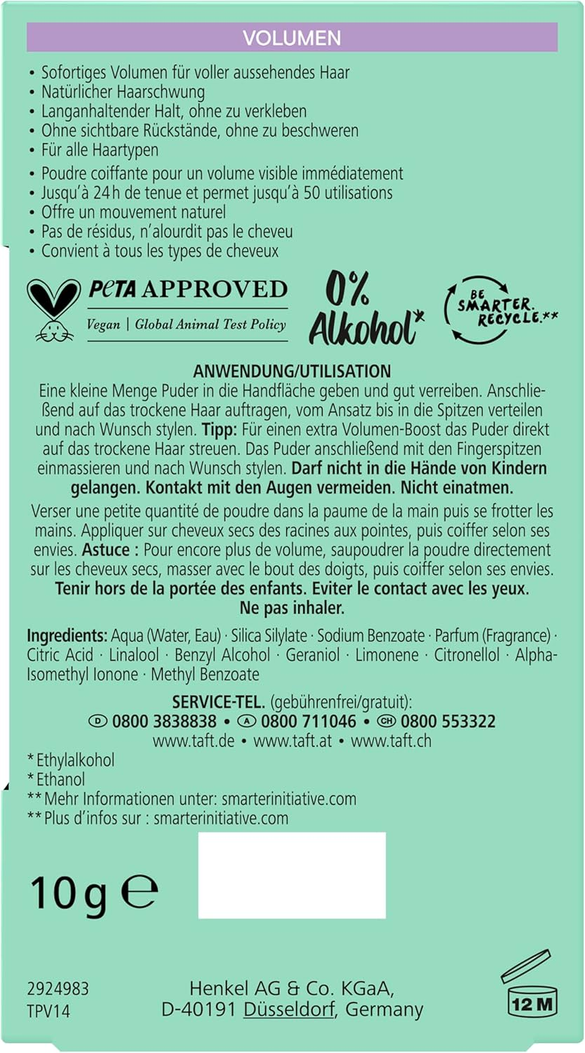 Schwarzkopf Taft Hair Styling Powder Volume (10 G), Volume Hair Powder for Fuller Looking Hair, for up to 50 Applications, Vegan Styling Powder image number 4