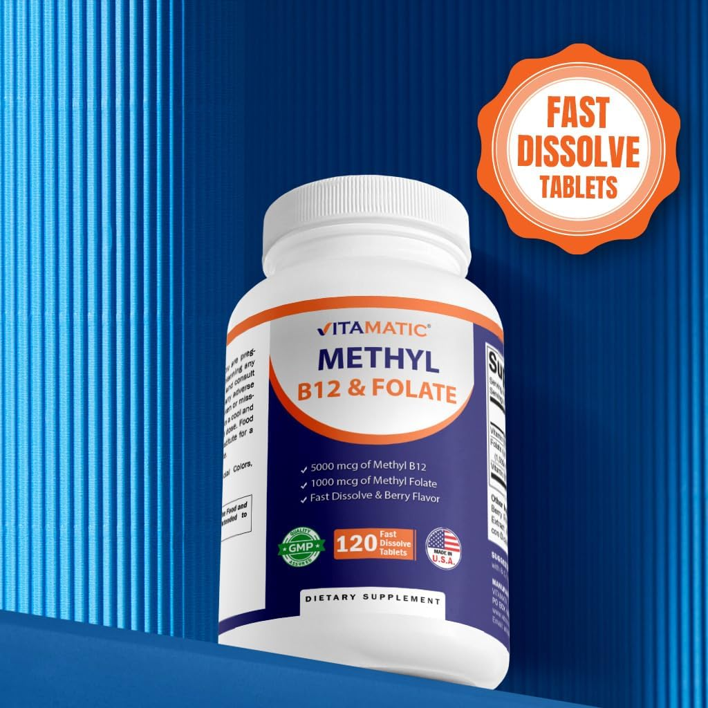 Vitamatic Methyl Folate & B12 Supplement with Pyridoxal 5 Phosphate (P-5-P) - Promotes Cardiovascular Health & Energy Metabolism - 120 Fast Dissolve Tablets - Non GMO & Gluten Free