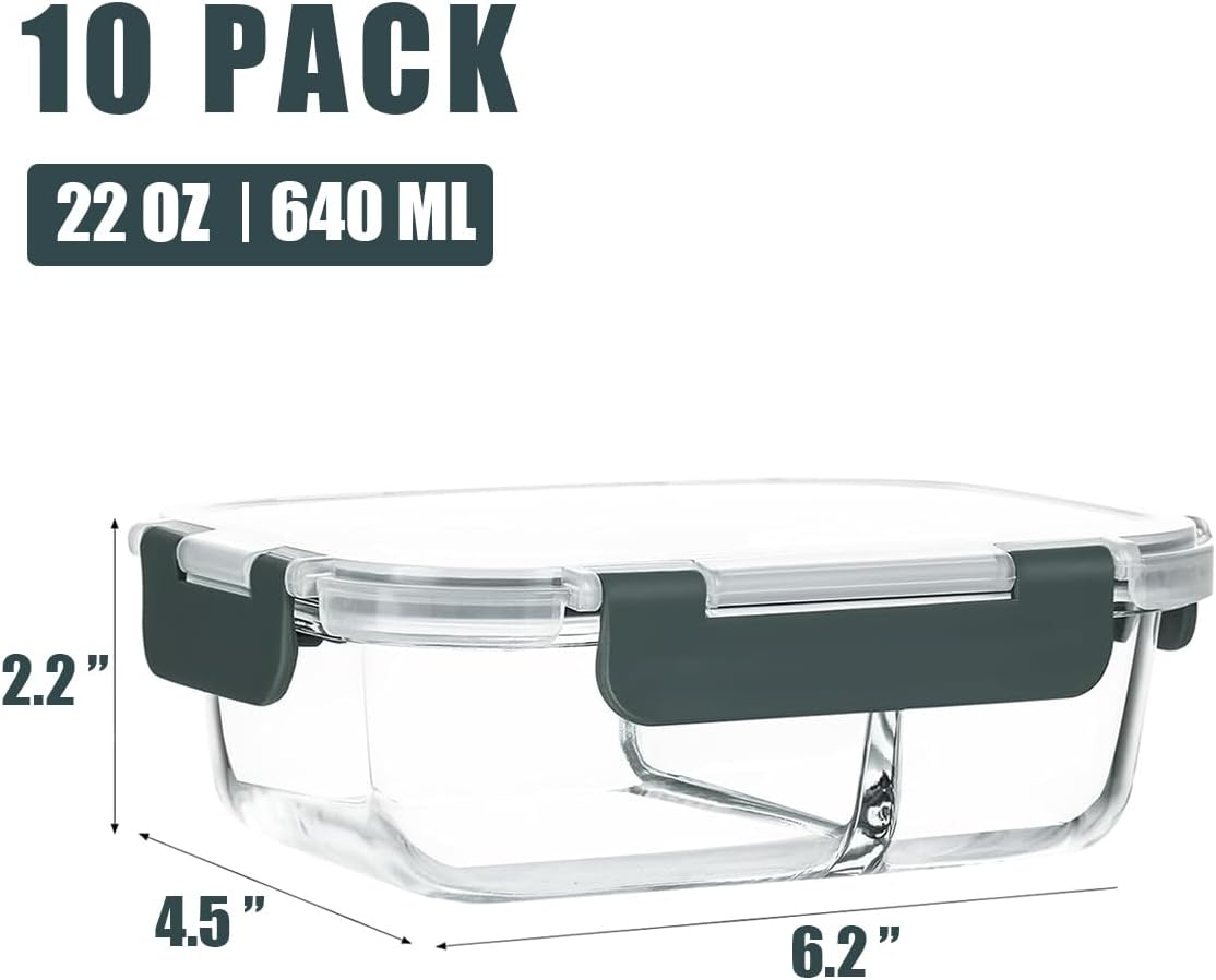 Glass Food Storage Containers,Glass Containers 10 Pack Pieces with Partitions(10 Containers & 10 Lids),Sealed Glass Meal Prep Containers 640 Ml,For Refrigerator, Microwave, Dishwasher image number 1