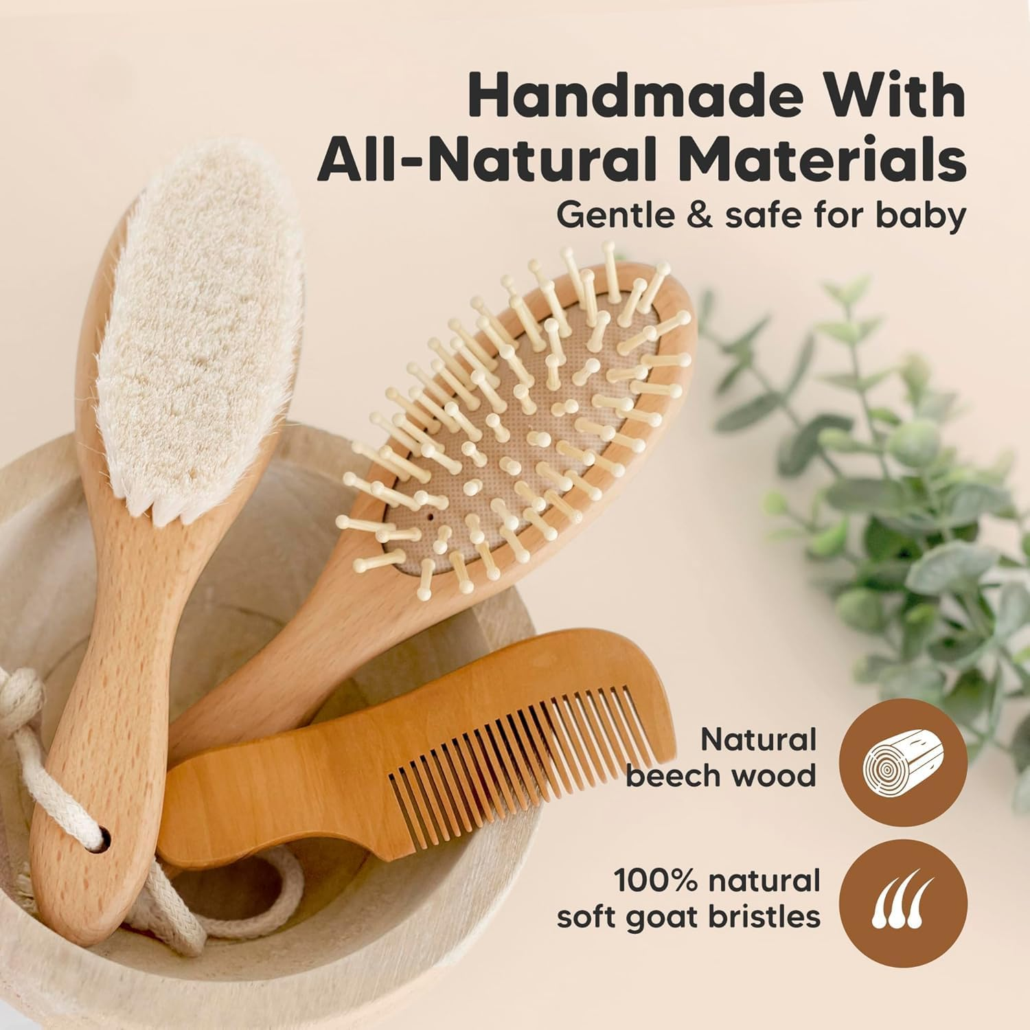 Baby Hair Brush Set, Wooden Comb Massage Scalp Comb Natural Goat Bristles 3-Piece for Newborns & Toddlers, Ideal for Cradle Cap & Itching, Perfect Shower and Registry Gift image number 1