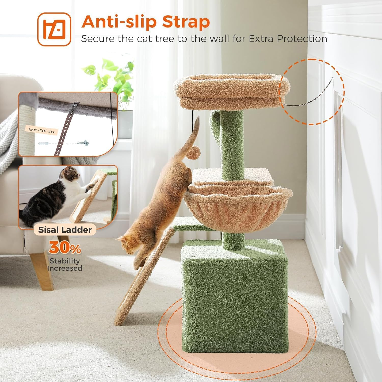 Cat Tree for Indoor Cats, Small Cat Tower with Large Cat Condo, Scratching Posts, Large Top Perch for Kittens,Cozy Hammock and Scratching Ladder for Kittens, Cactus Green image number 4