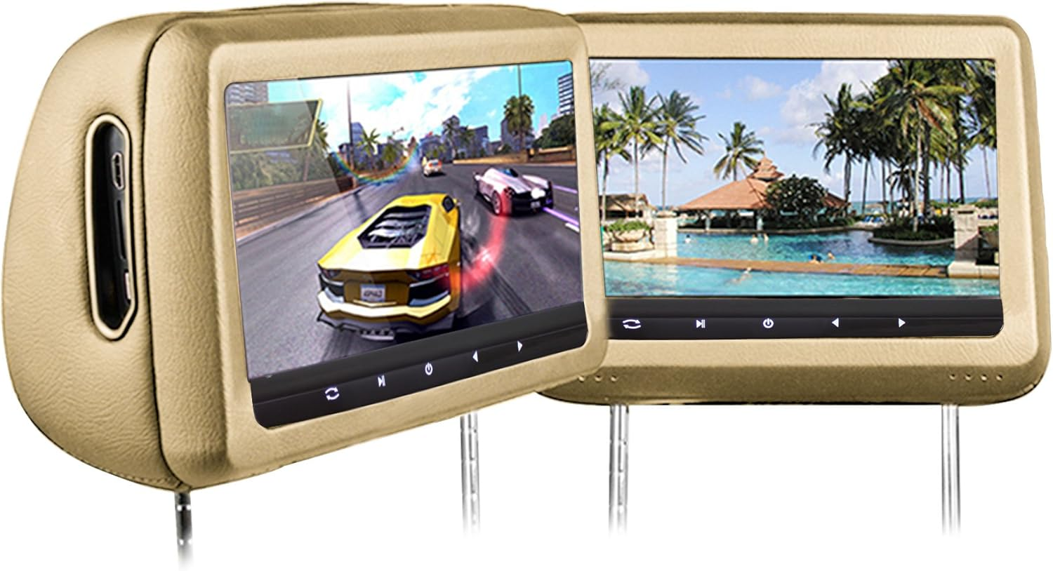 Elinz Headrest 2X10.1 HD Car Monitor Pillow HDMI DVD Player 1024X600 IR FM SD USB 2X Headphones Will Fit All Cars Easy Installations (Beige)