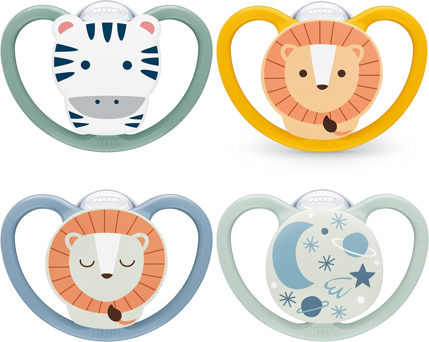 NUK Space Day & Night Baby Dummy | 18-36 Months | Glow-In-The-Dark Soothers with Extra Ventilation for Sensitive Skin | Bpa-Free Silicone | Zebra & Lion | 4 Count image number 1