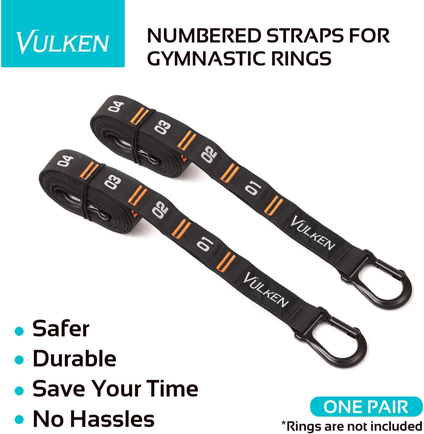 Vulken Adjustable Numbered Straps for Gymnastic Rings Steel Carabiners Quick Hook System Easy to Set up One Pair Strap Only image number 6