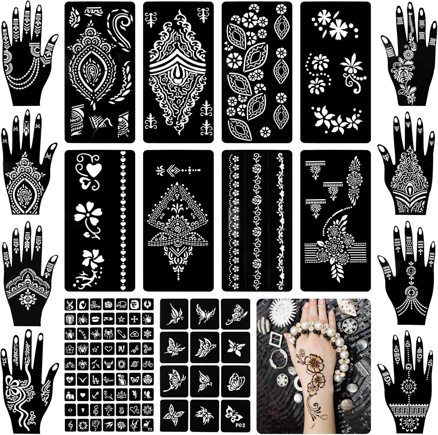 Koogel 18 Sheets Henna Tattoo Stencils, Temporary Flower Patterns Glitter Airbrush Tattoo Kits Arabian Stickers for Women and Girls Face Hand Paint Body Art image number 4