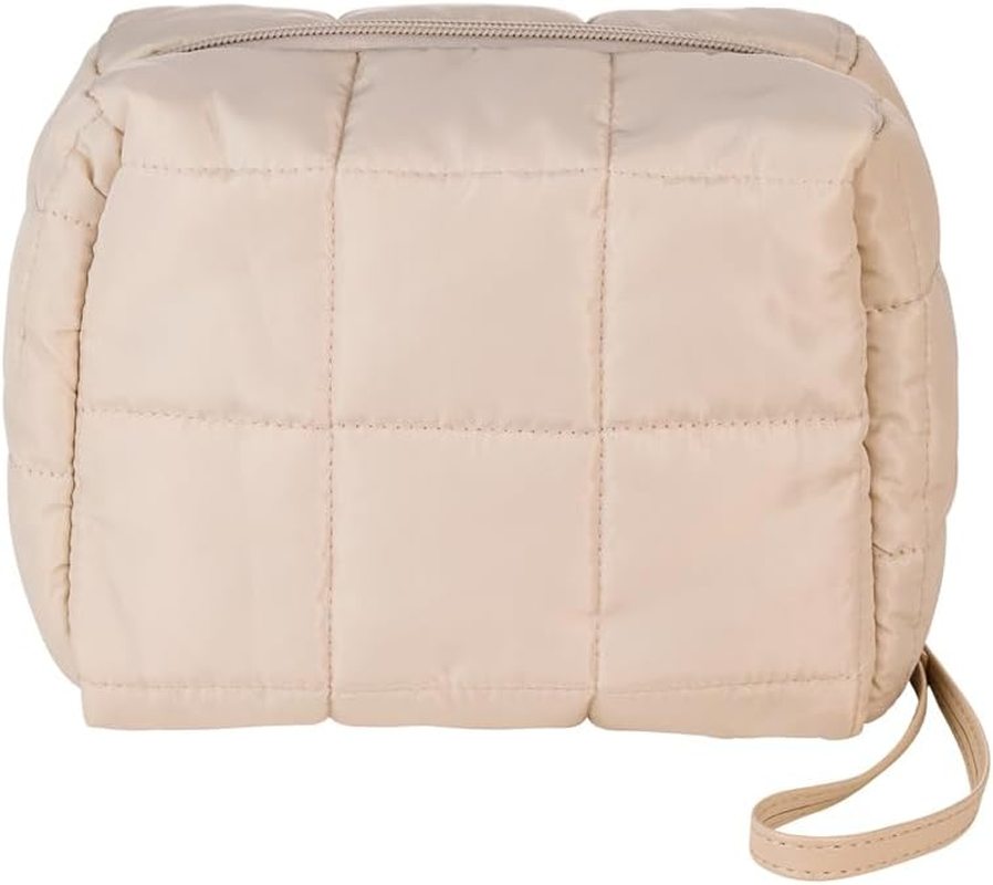 DB Cosmetics Makeup Bag Quilted Soft Plush Design Spacious Interior Secure Zipper Closure Wrist Strap 18Cm X 9Cm X 15.5Cm Cosmetic Pouch Beige Colour