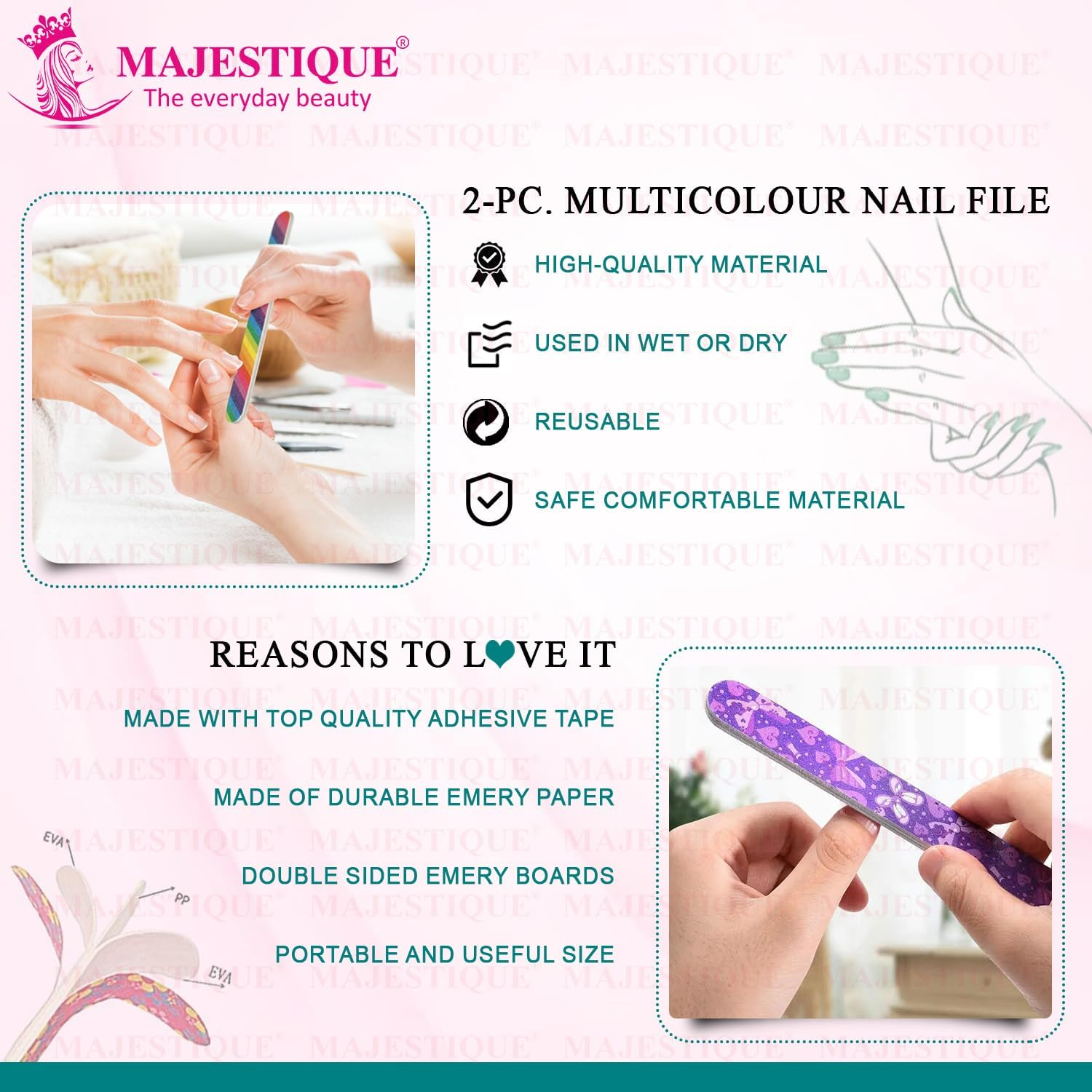 Majestique Professional Nail File and Buffers for Women Girls, Natural Emery Boards, High Grit Colorful Pattern Design Set of 2 Files