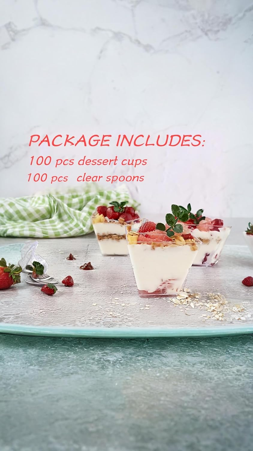 Honwor 50-Pack Clear Mini Dessert Cups with Spoons - Reusable, Square Parfait Cups for Tastings, Apizers, & More - 2.02Oz image number 1