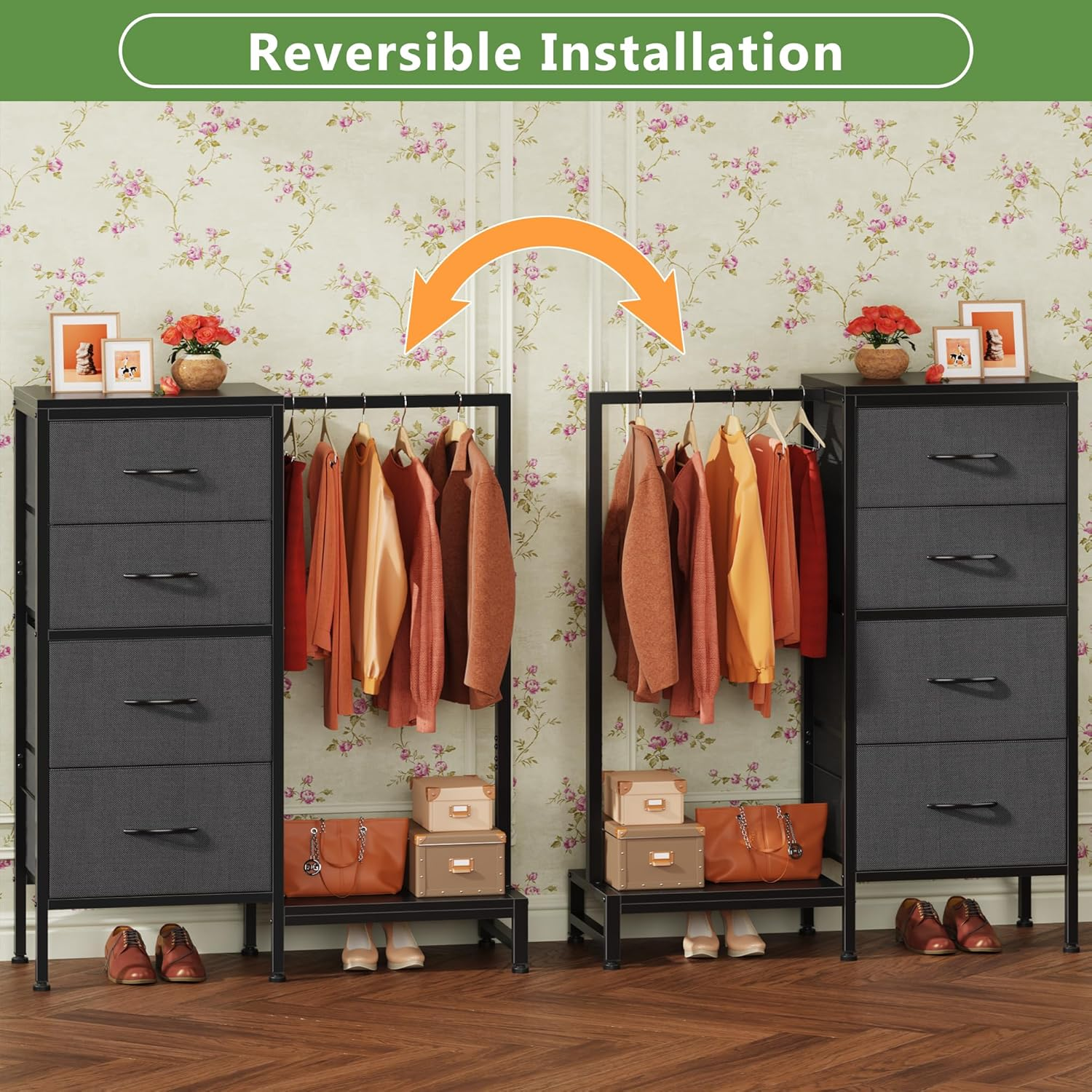 HIGDBFE Dresser with Hanging Rack, 4 Drawers Small Closet for Bedroom, Reversible Fabric Kids Dresser for Closet with Clothes Rack, Tall Chest of Drawers, Sturdy Frame, Grey, 44" H