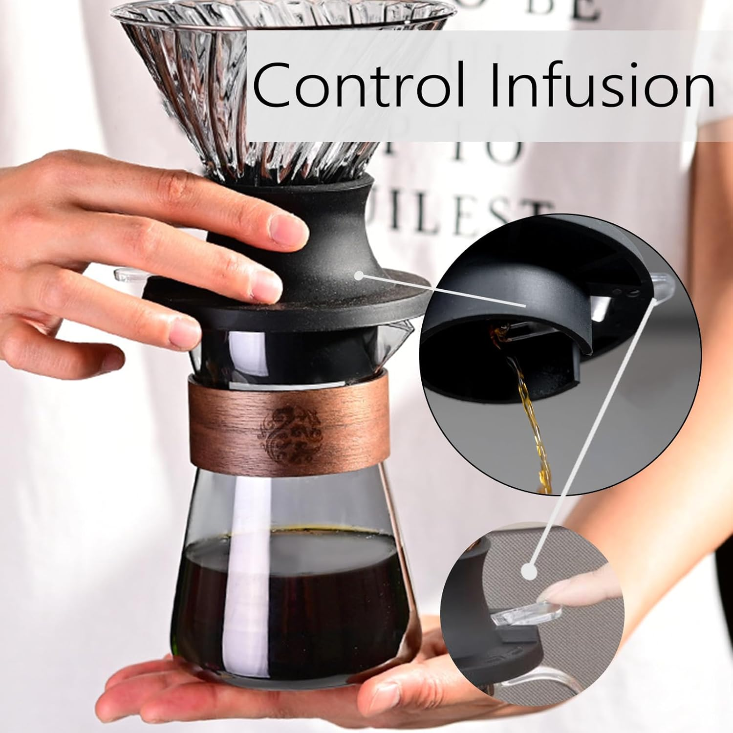 Pour over Coffee Maker, 18 Oz Borosilicate Glass Set with 100 Pcs V60 Paper Filter - Coffee Dripper with Control Buttons Allowing Coffee to Flow or Stay in Place, 1-3 Cups, Clear