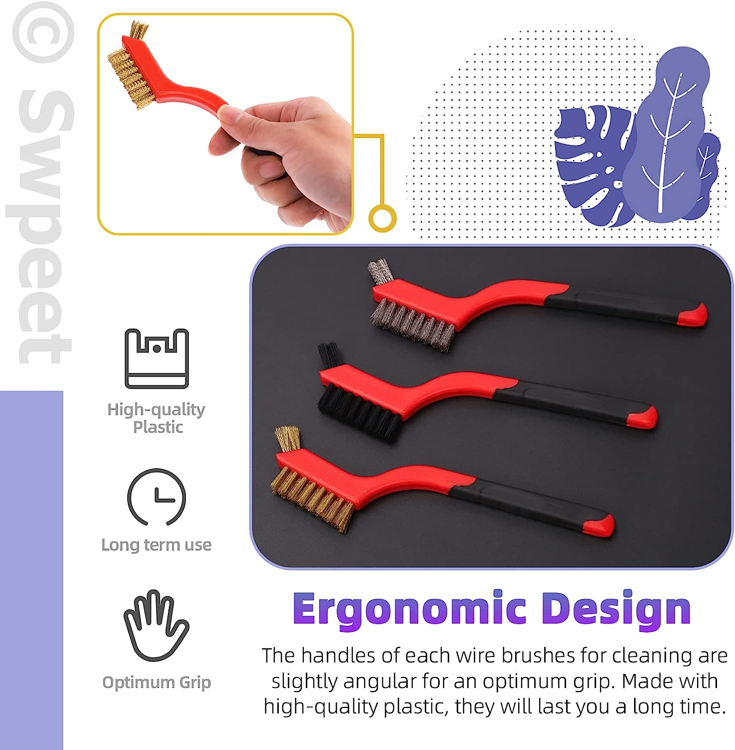 Swpeet 8Pcs Red Small Wire Brush Set, Wire Brush Shovel Set with Curved Handle Grip for Cleaning Rust, Included 2Pcs Brass Brushes, 2Pcs Stainless Steel Brushes, 2Pcs Nylon Brushes, 2Pcs Scraper image number 6