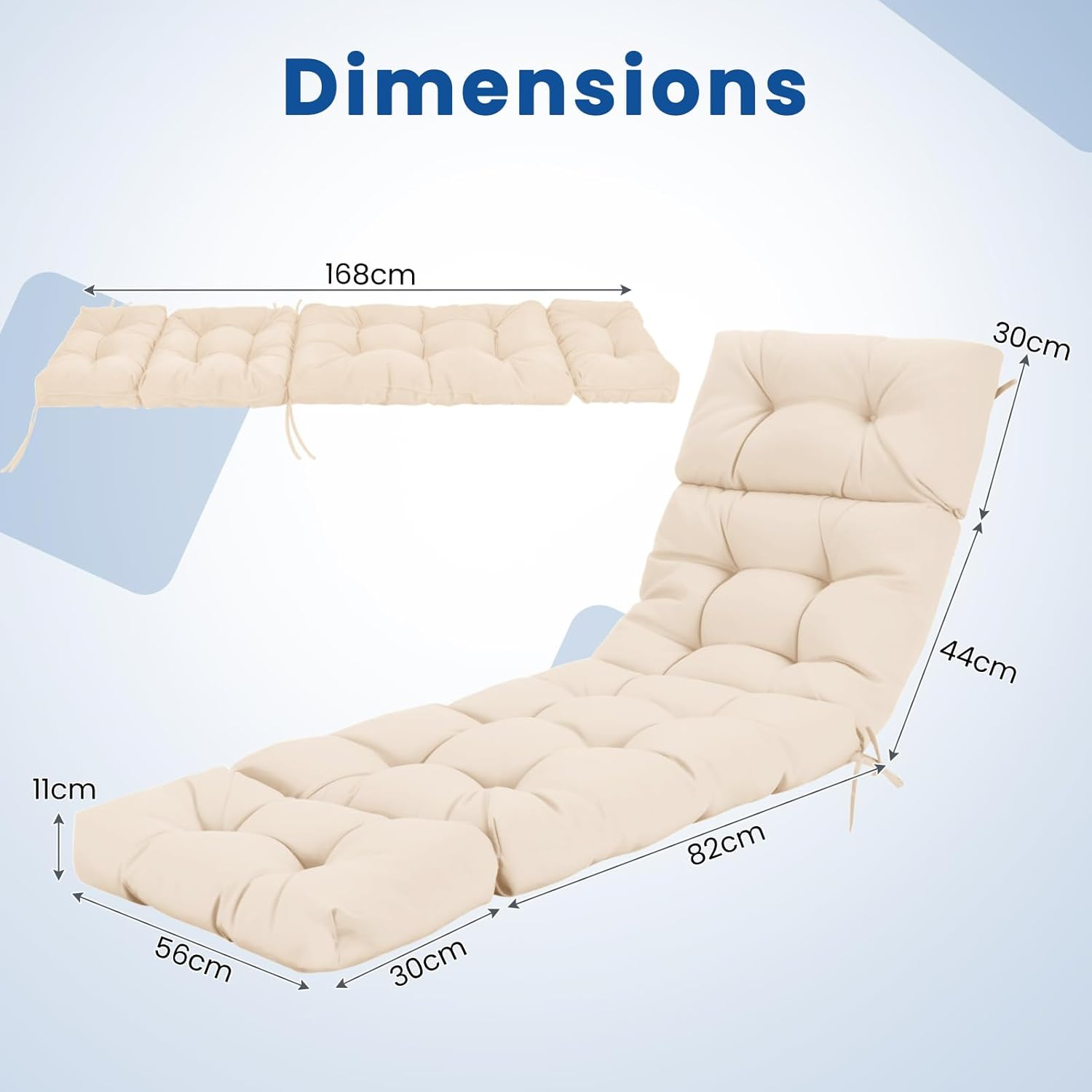 Costway Sunlounger Chair Cushion, High Back Recliner Cushion with 4 Fixing Ties, Thick Padded Reclining Chair Rocking Cushion for Outdoor Indoor (Only Cushion) (1, Beige, 186 X 56 X 11 Cm)