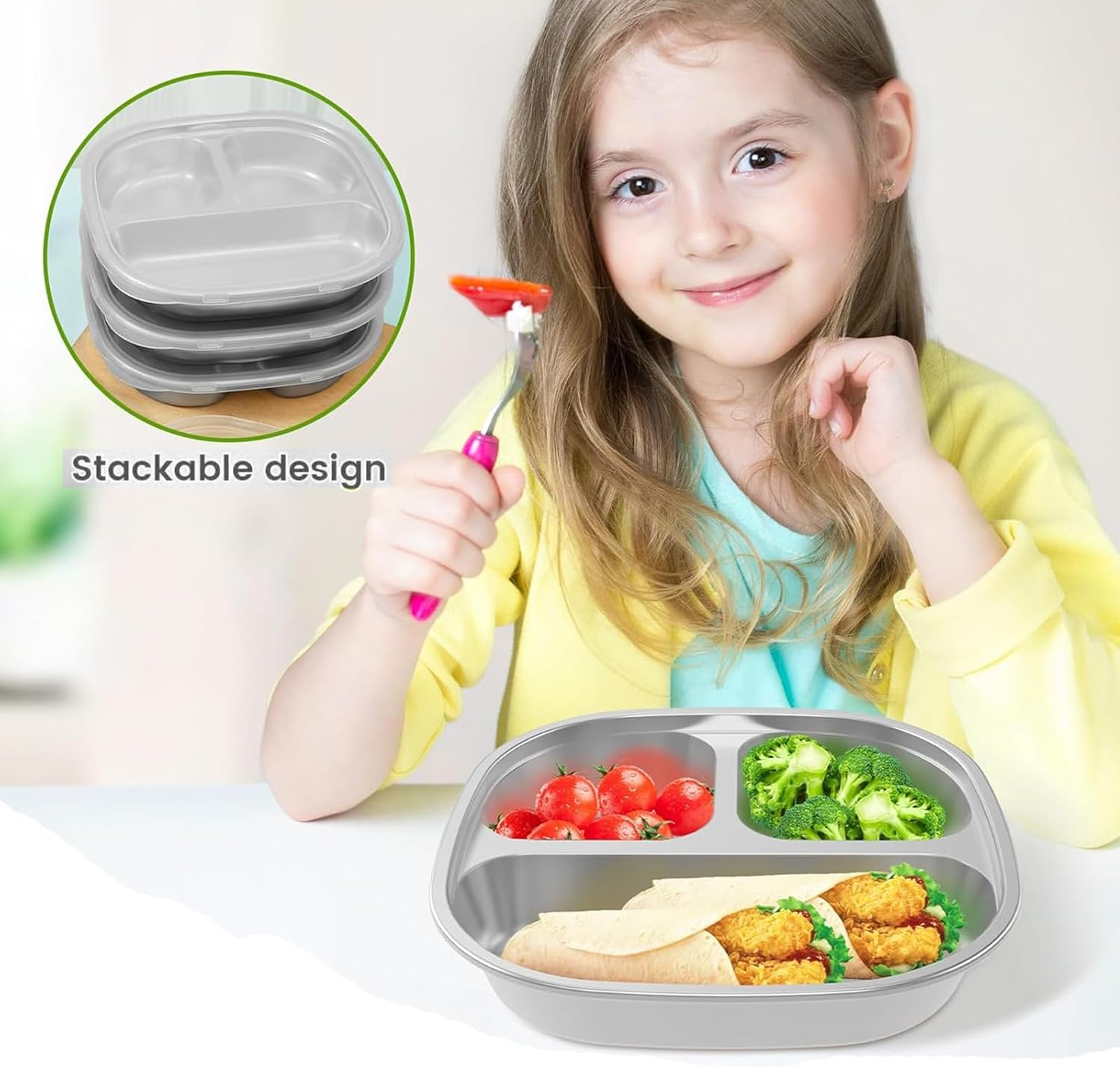 Stainless Steel Baby Plate, Stainless Baby Suction Plates Reusable Stainless Steel Kids Plates for Toddler Feeding Supplie, Dishwasher Safe (Kid'S Plate) image number 3