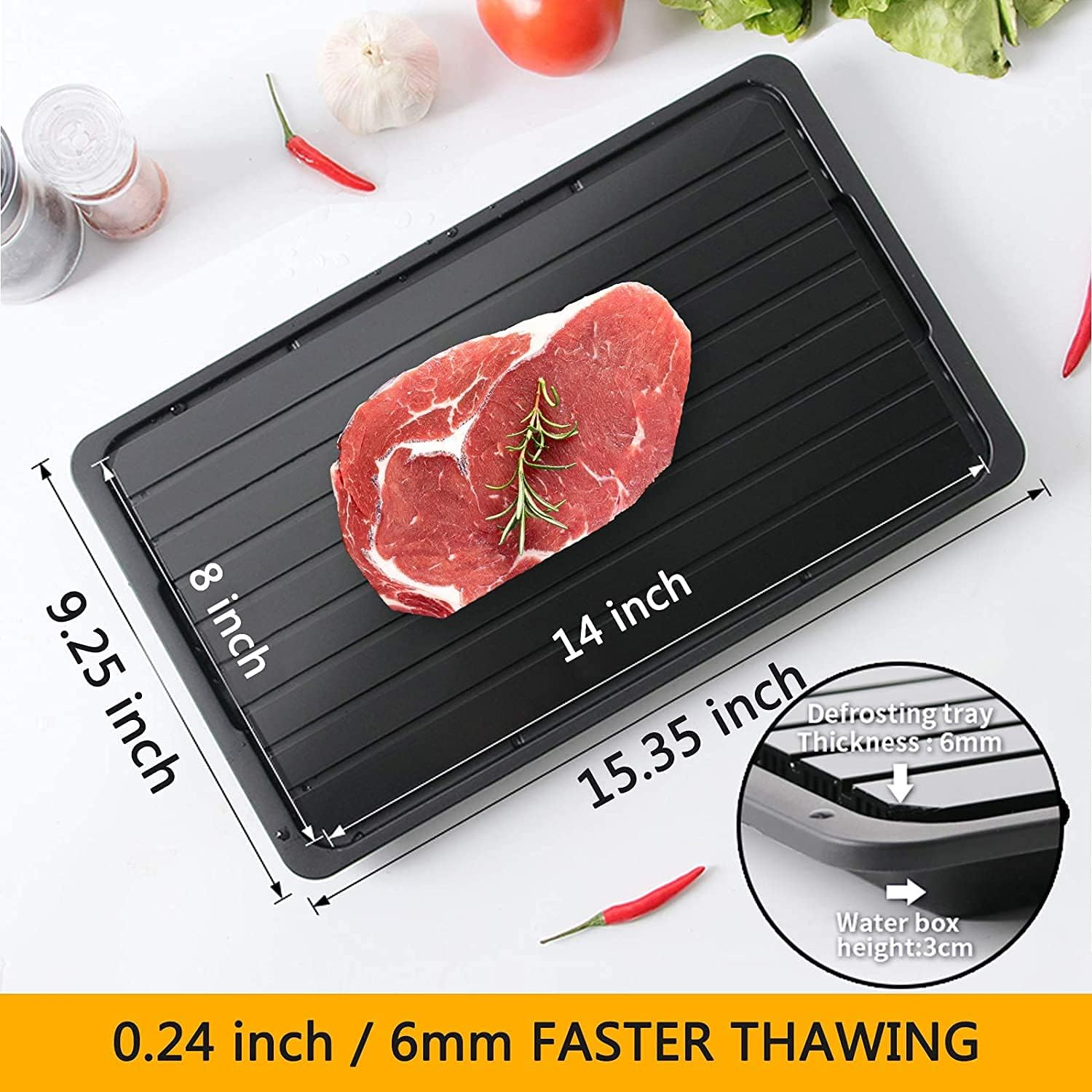 Defrosting Tray for Frozen Meat Rapid and Safer - Thawing Tray for Frozen Meat with Drip Tray - Natural Heating Defroster Tray Miracle Thaw Large Size Upgrades 6Mm image number 4