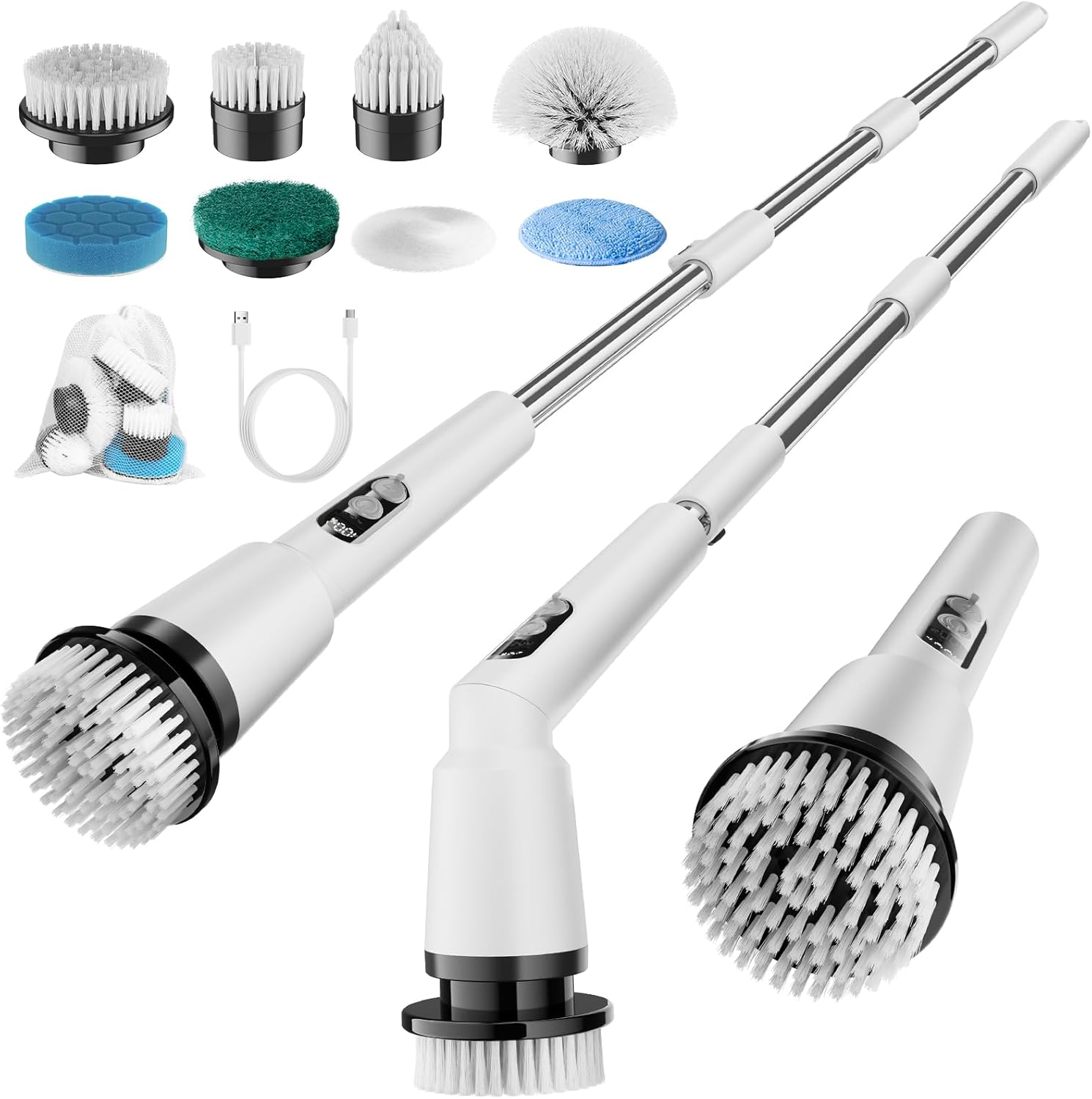 Kliburash Electric Spin Scrubber with Remote Control, IPX7 Cordless Cleaning Brush with 8 Brush Heads, 2 Adjustable Angles, Long Handle Power Scrubber for Bathroom, Shower,Bathtub,Floor-White