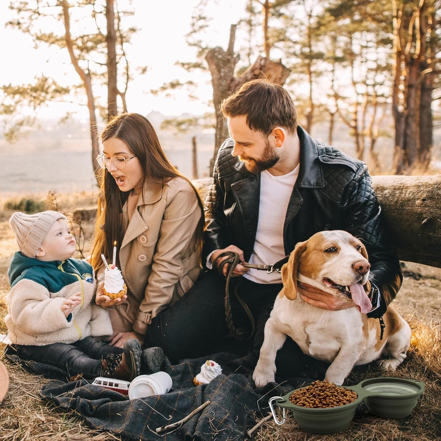 SLSON Dog Bowls Foldable Integrated Travel Bowl without Plastic Rim 2 in 1 Pet Food Bowl for Hiking Camping Green image number 2