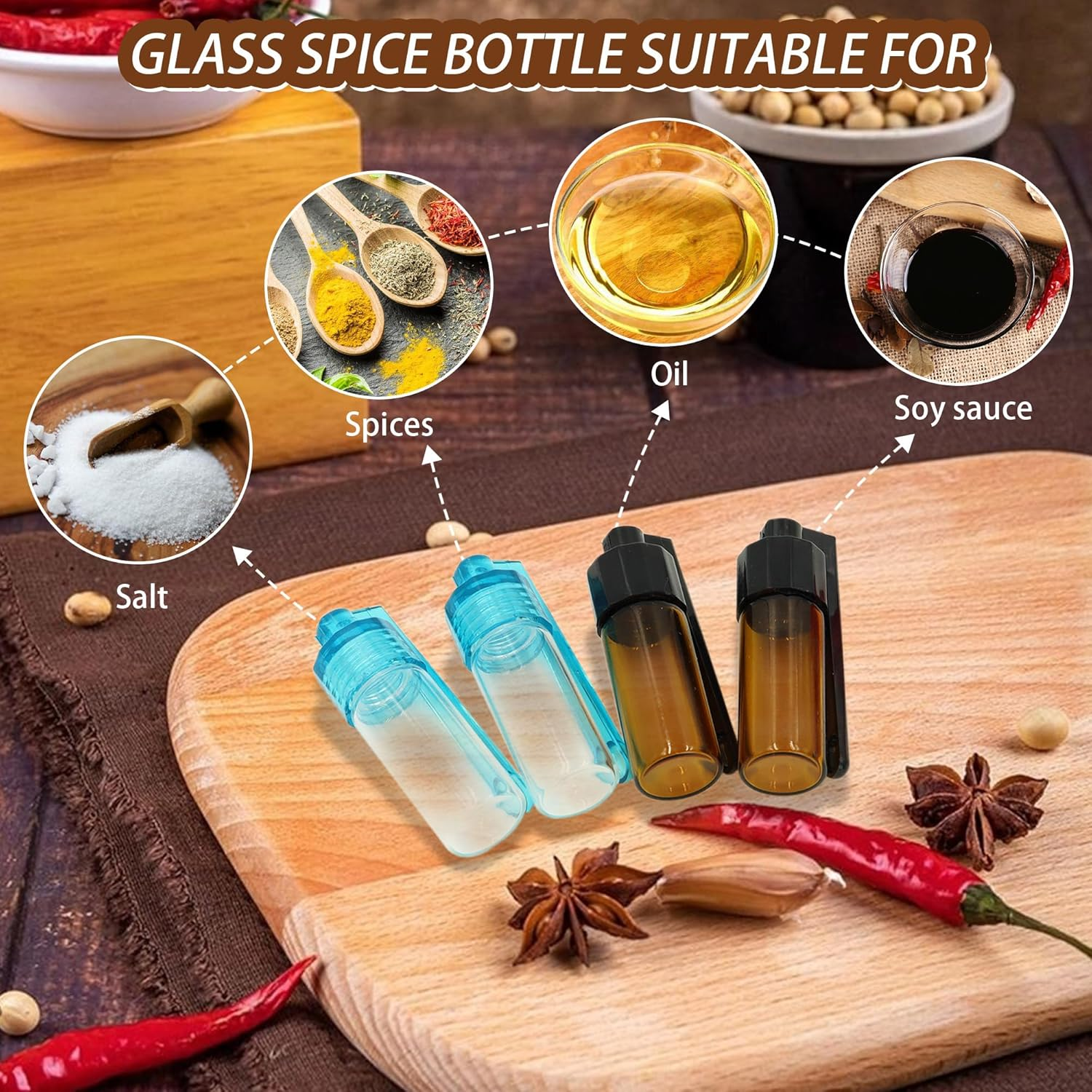8 Pcs Portable Spice Containers Set, Camping Salt and Pepper Shakers with 1 Mini Funnel, Seasoning Bottles, Mini Glass Spice Jars with Lids for Outdoor Traveling Cooking (8 Pcs) image number 4