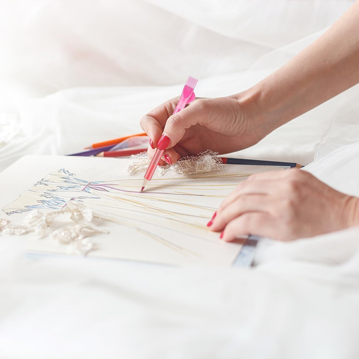 12Pcs Tailors Chalk with Brush Cap,Fabric Pencils Water Soluble Pen Tailor Mark Chalk with Brush Cap,Three Colors Pencils for Tailors Chalk,Sewing Pencils for Tailor or Home Marker and Tracing Tools image number 3