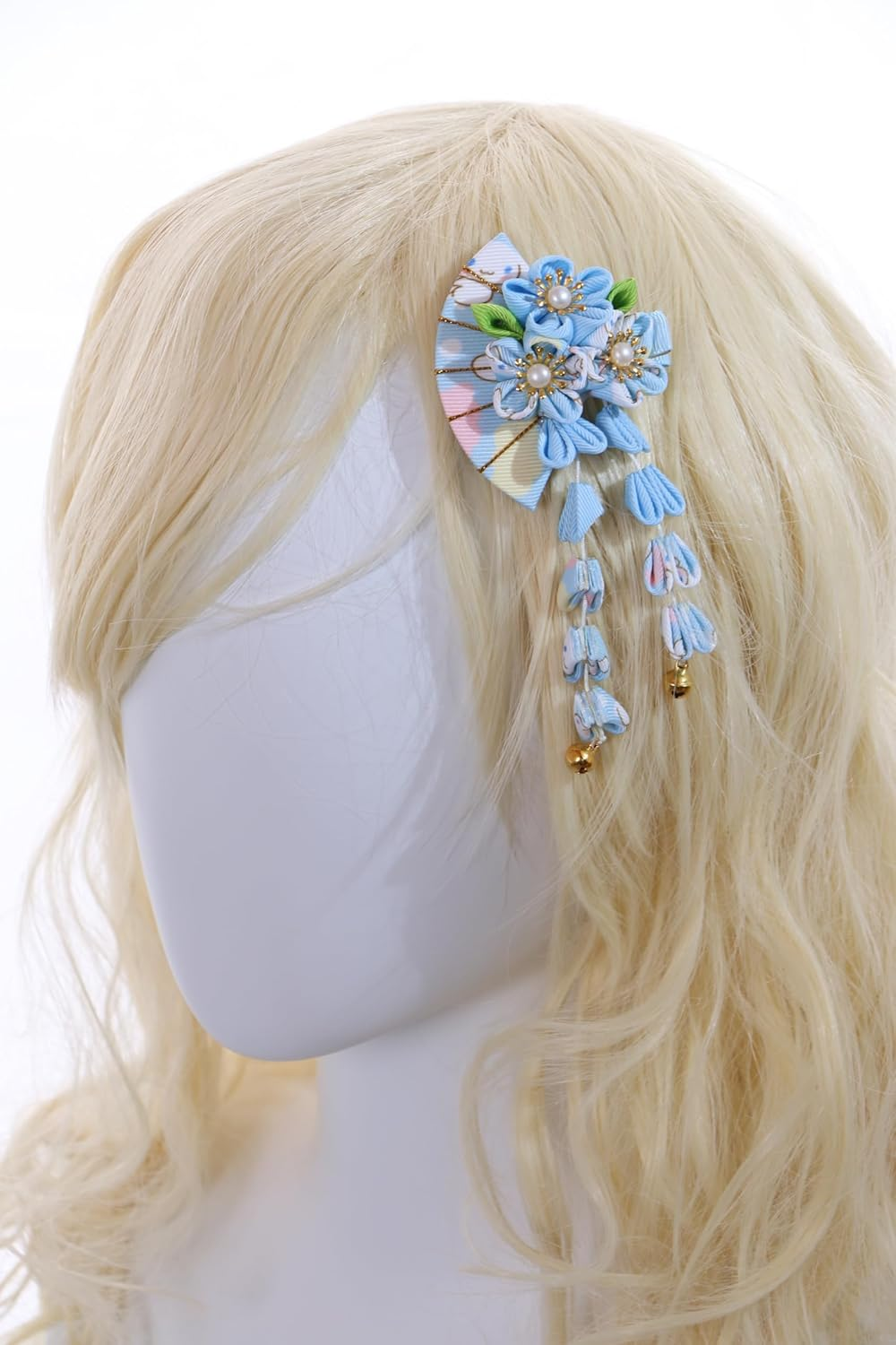 C-120-4 Blue Handmade Fan Shape Sakura Cherry Blossom Fabric Flowers Tassels Hair Clip Hair Clip Hair Clip Japan Geisha Kimono Accessory image number 1