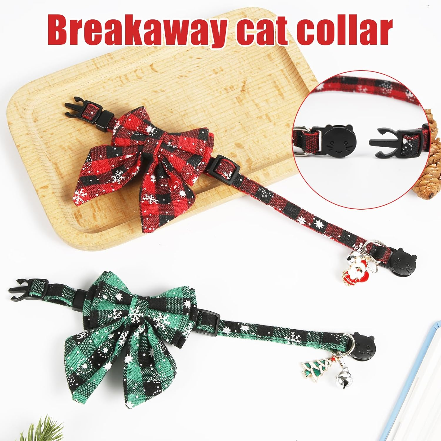 PEUTIER 2Pcs Christmas Cat Collar, Festive Cat Collar with Bells, Removable Bow Tie, Breakaway Safety Buckle, Red, Green, 18-29Cm/7-11.4 Inches image number 1