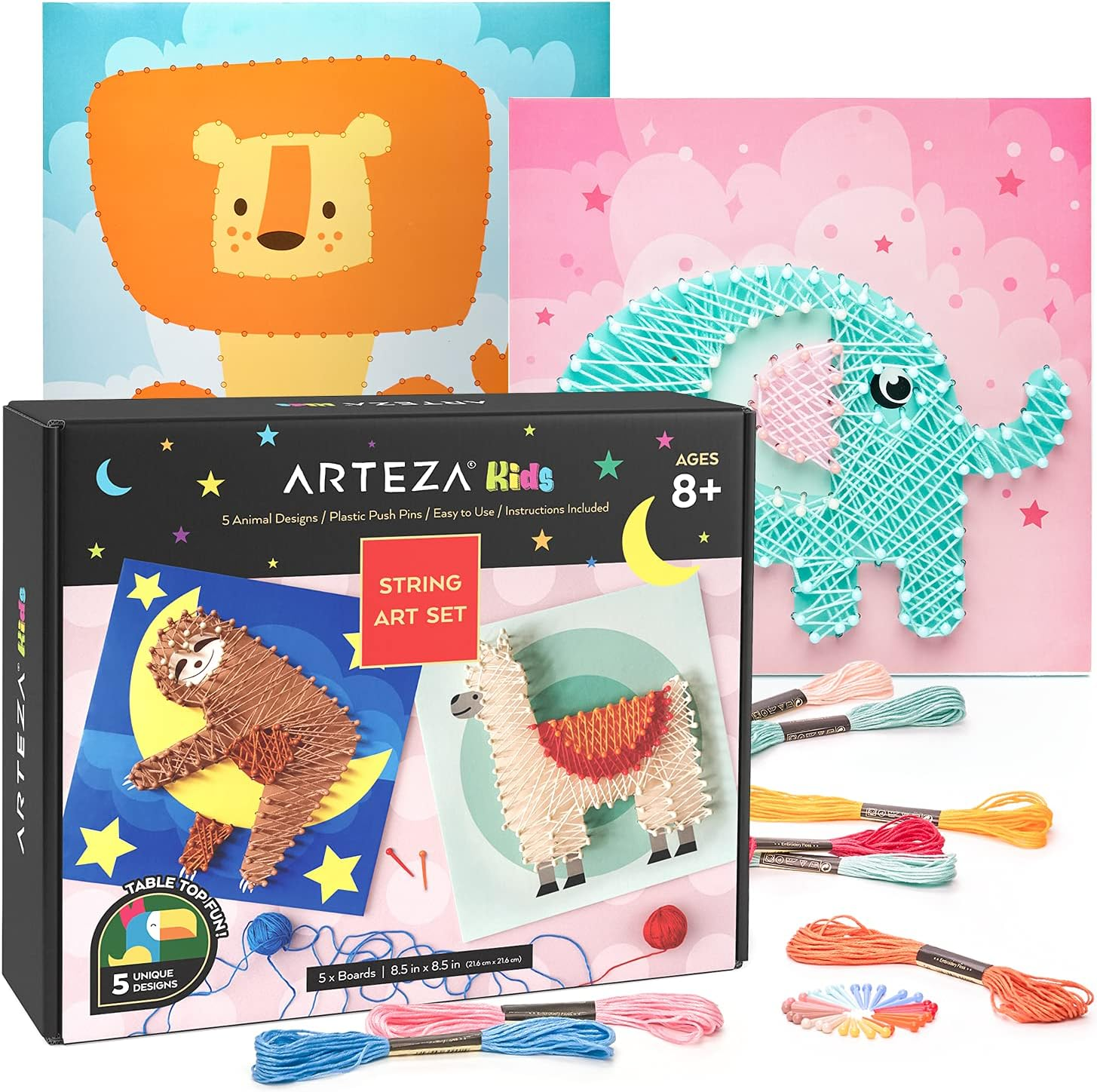 Arteza Kids String Art Kit, Set of 5 Animal Designs, Plastic Pushpins, Art Supplies for Kids Craft Projects and Free Time Activities image number 2
