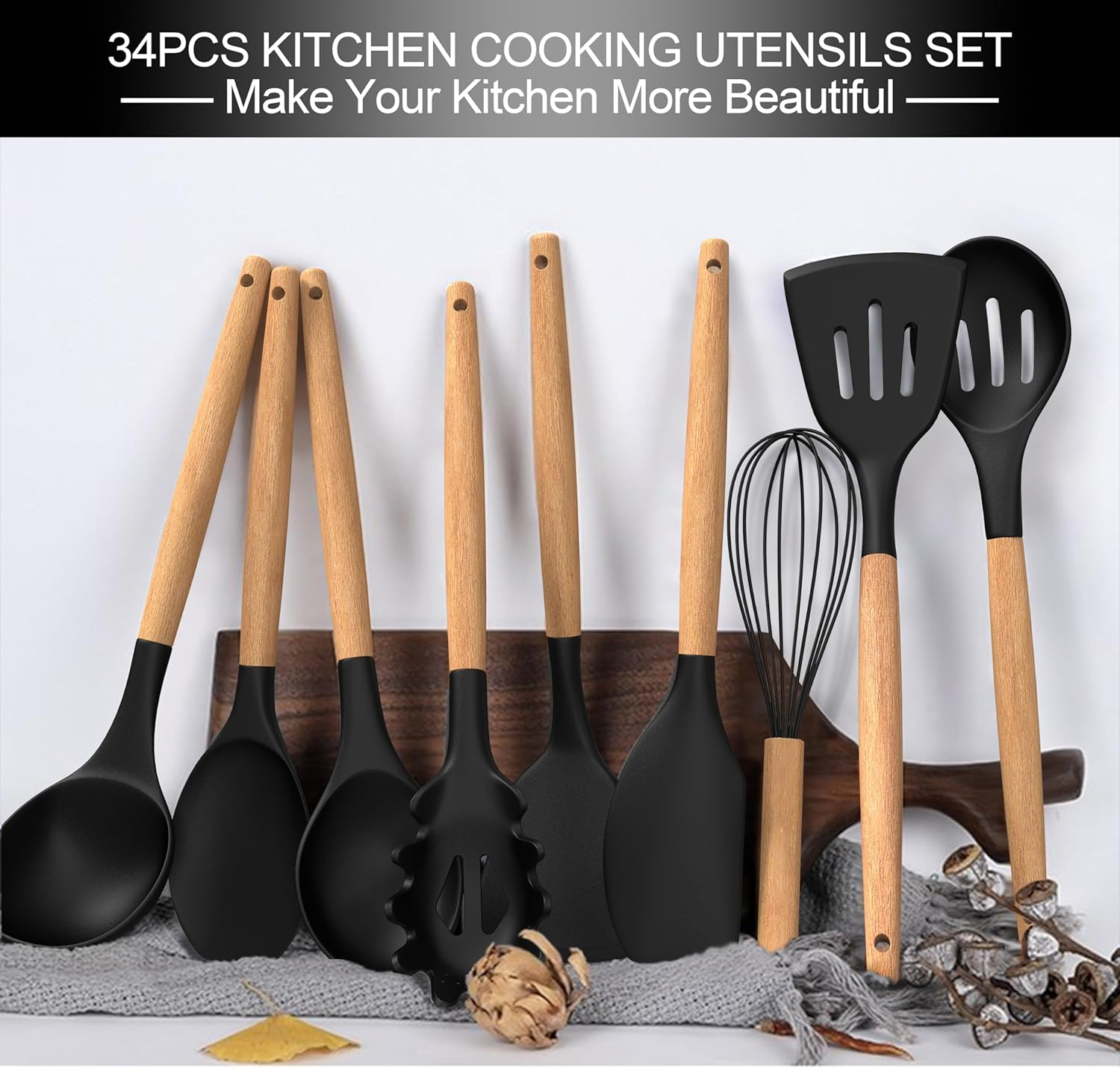 Silicone Cooking Utensils Set, 43Pcs Non-Stick Heat Resistant Kitchen Utensils Spatula Set with Wooden Handle for Baking, Cooking, and Mixing, Best Kitchen Gadgets Tools with Holder (Black) image number 6