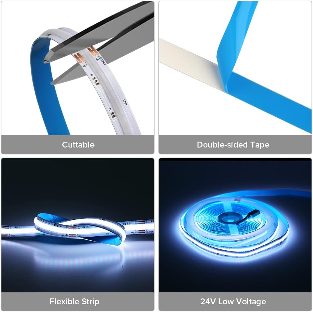 SEZO FCOB RGBW LED Strip RGBWW COB LED Strip Flexible RGB + Warm White (3000K) High Density Light Strip DC24V 5M 896Leds/M 16W/M Width 12Mm Multicoloured IP30 for Bedroom Kitchen DIY Home Decoration image number 5
