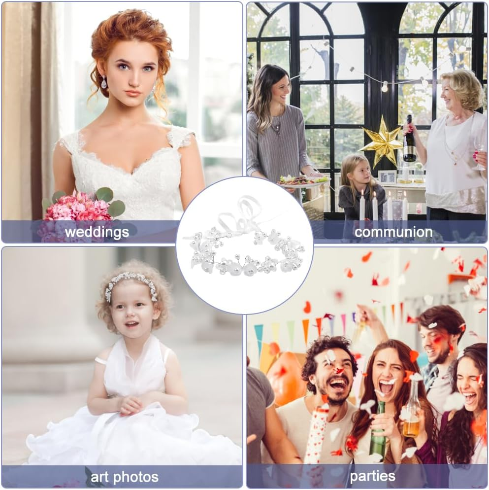 PEALOVCOM Bridal Hair Accessories Pearls Wedding Communion Headband Bridal Headpiece Hair Wreath White Pearl Headband with Adjustable Chiffon Band for Bride Bridesmaid Flower Girl Women Girls, Resin