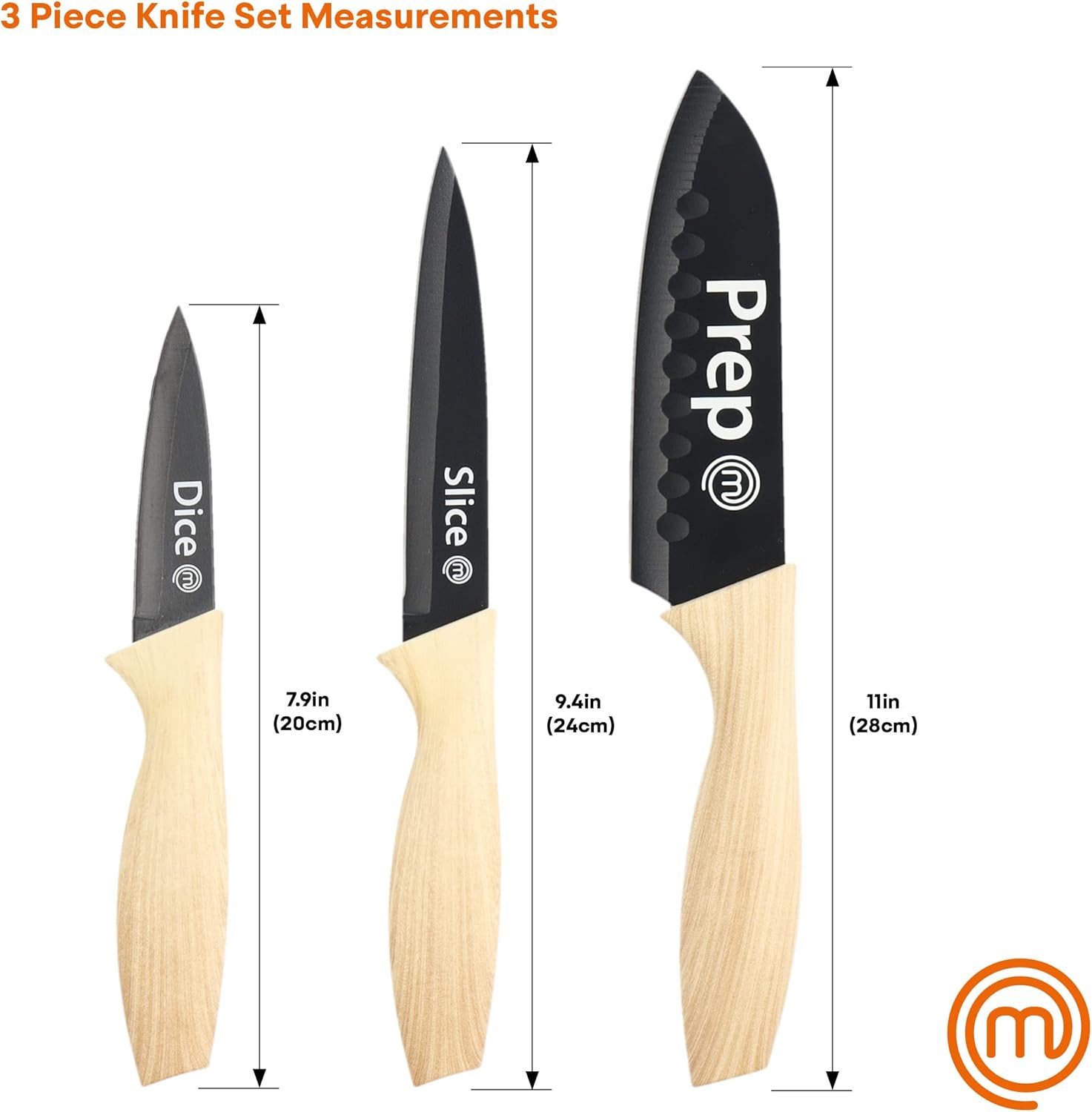 Masterchef Knife Set of 3 Kitchen Knives for Cooking (Chef, Paring & Utility), Professional Sharp Stainless Steel, Non Stick Blades & Soft Touch Handles, Easy Grip, Natural Collection, 3 Piece image number 6