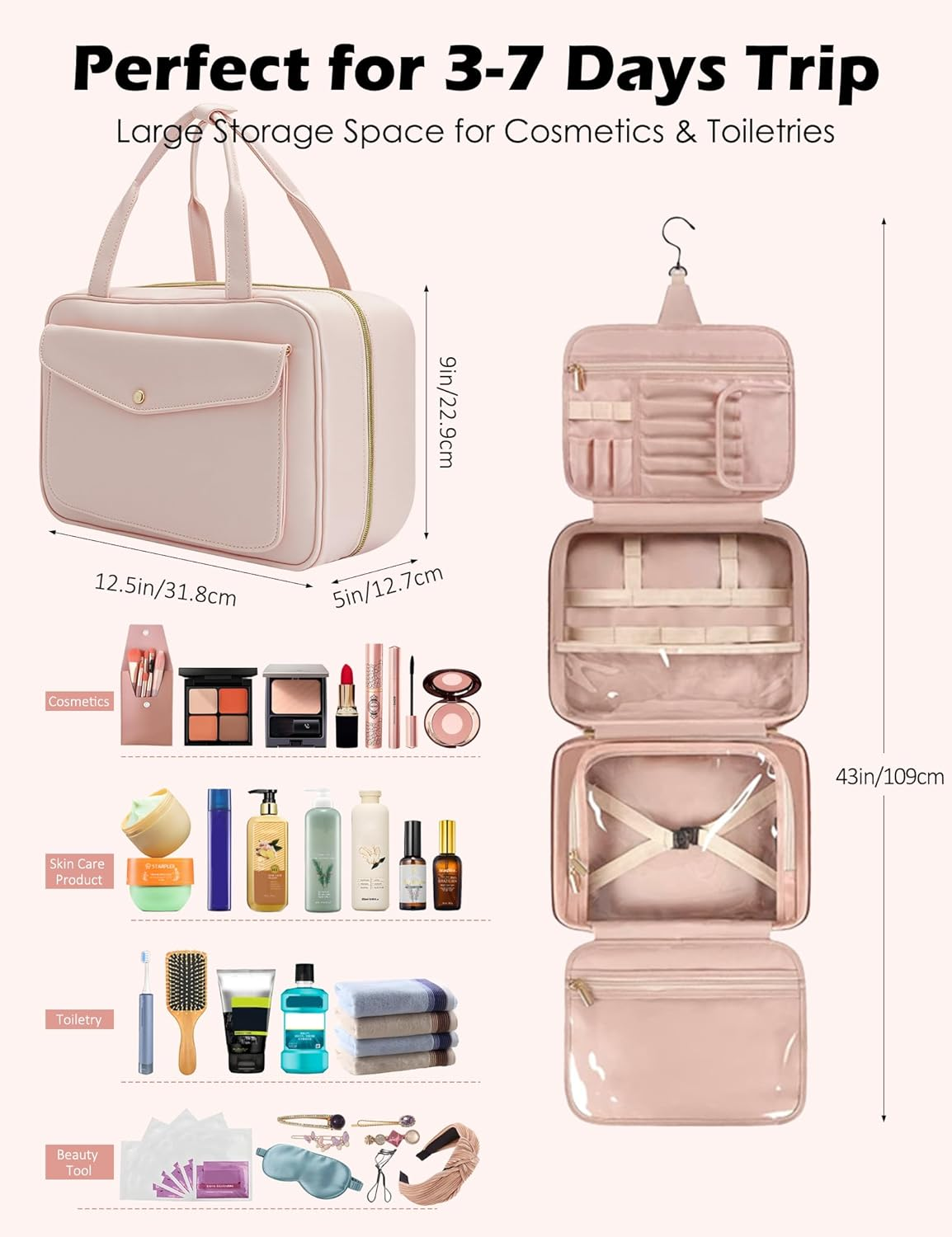 Travel Toiletry Bag,Hanging Leather Large Capacity Travel Wash Bag,Waterproof Portable Make up Bag,Travel Storage Skin Care Cosmetics Toiletries (Pink) - Black image number 5