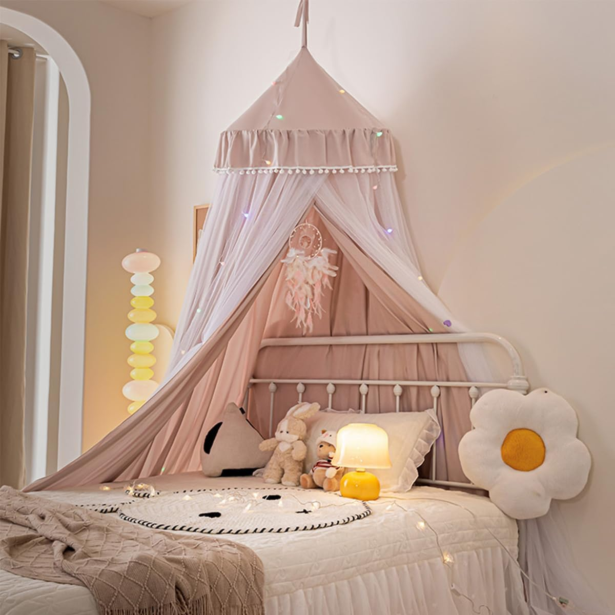 Bed Canopy for Kids Room, Double Layer Mosquito Net with Lights Hanging Play Tent Child Reading Nook round Dome Canopies Princess Castle Dreamy Bedding for Crib Girls Room House D&eacute;cor