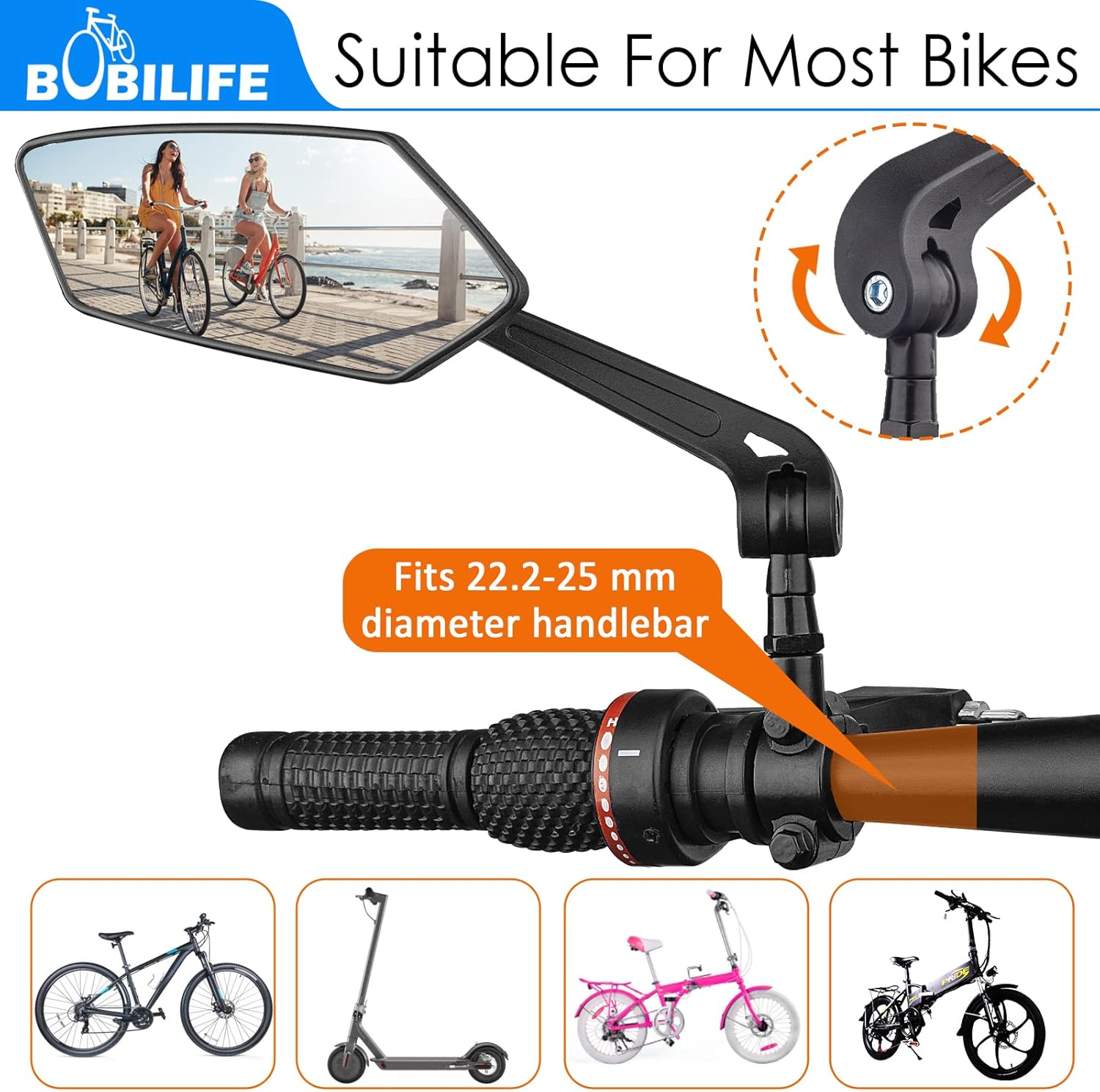 Bike Handlebar Rearview Mirror 2 Pack - Rotatable and Adjustable Wide Angle HD Safe Glass Rear View Shockproof Side Flat Mirror Universal for Bike Bicycle E-Bike (BM047) image number 2