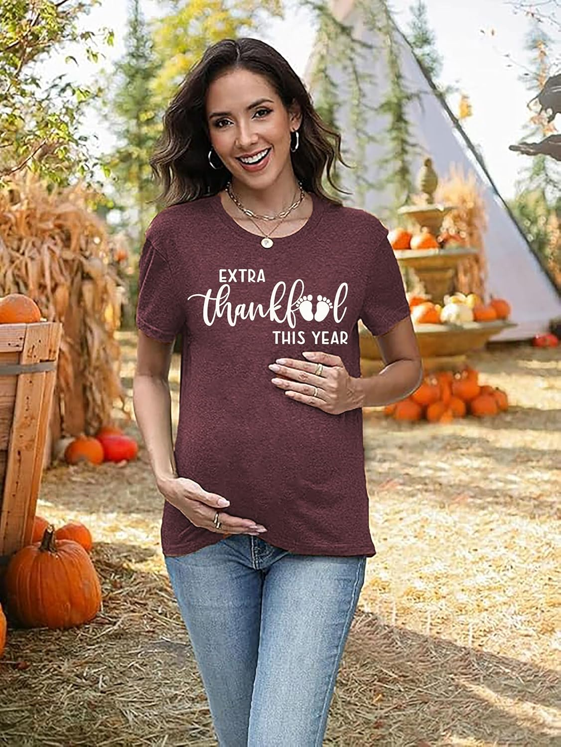 Thanksgiving Pregnancy Shirt Thankful Maternity Tees Cute Turkey Graphic Pregnancy Announcement Fall Tops Pregnancy Shirt