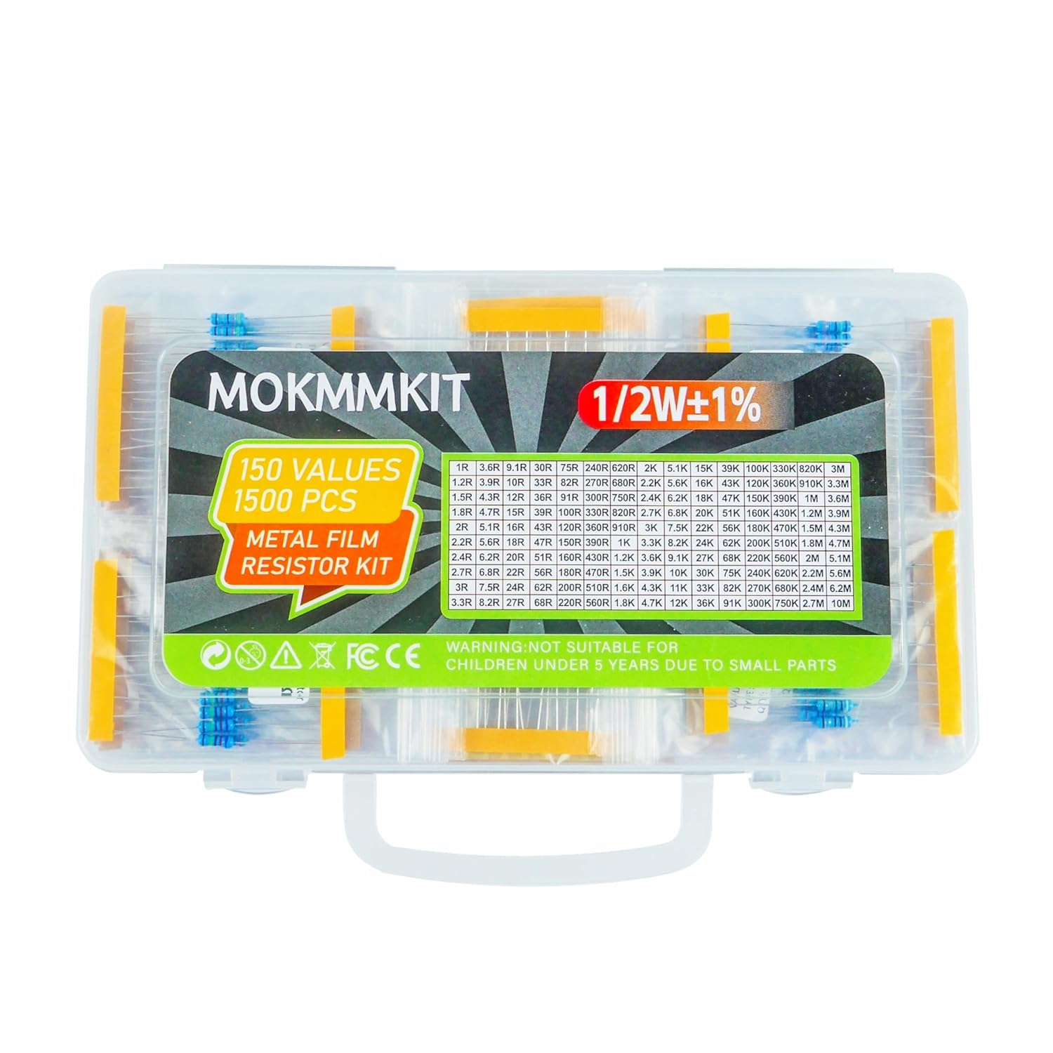 150 Values 1500 Piece Resistor Kit 1/2W &plusmn;1%, 1 Ohm -10M Ohm Metal Film Resistor Assortment Kit image number 5