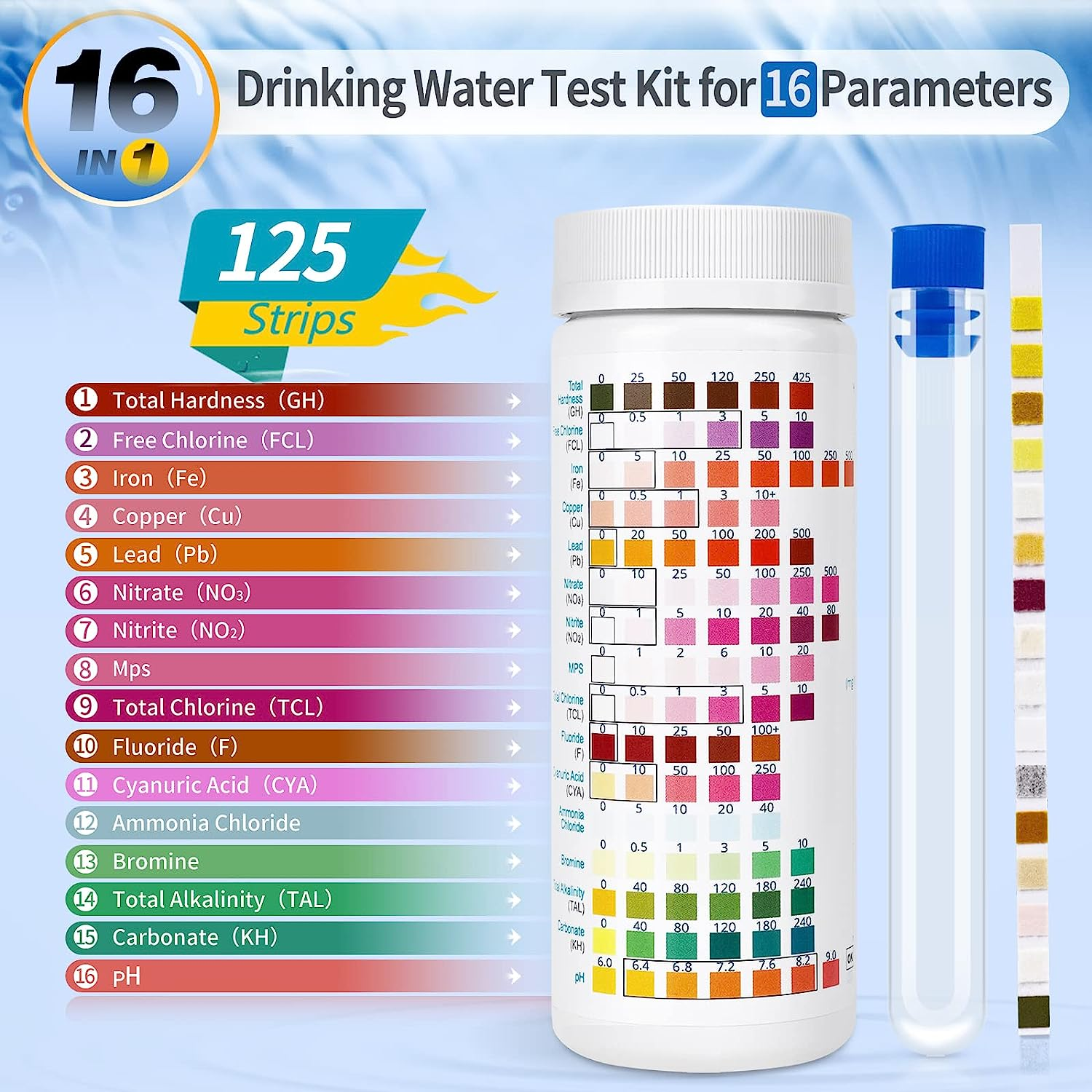 16 in 1 Premium Water Test Kit - 125 Home Water Quality Test Strips for Well and Tap Test Kit - Testing for Ph, Hardness, Chlorine, Lead, Iron, Copper, Nitrate, Nitrite, Etc image number 6
