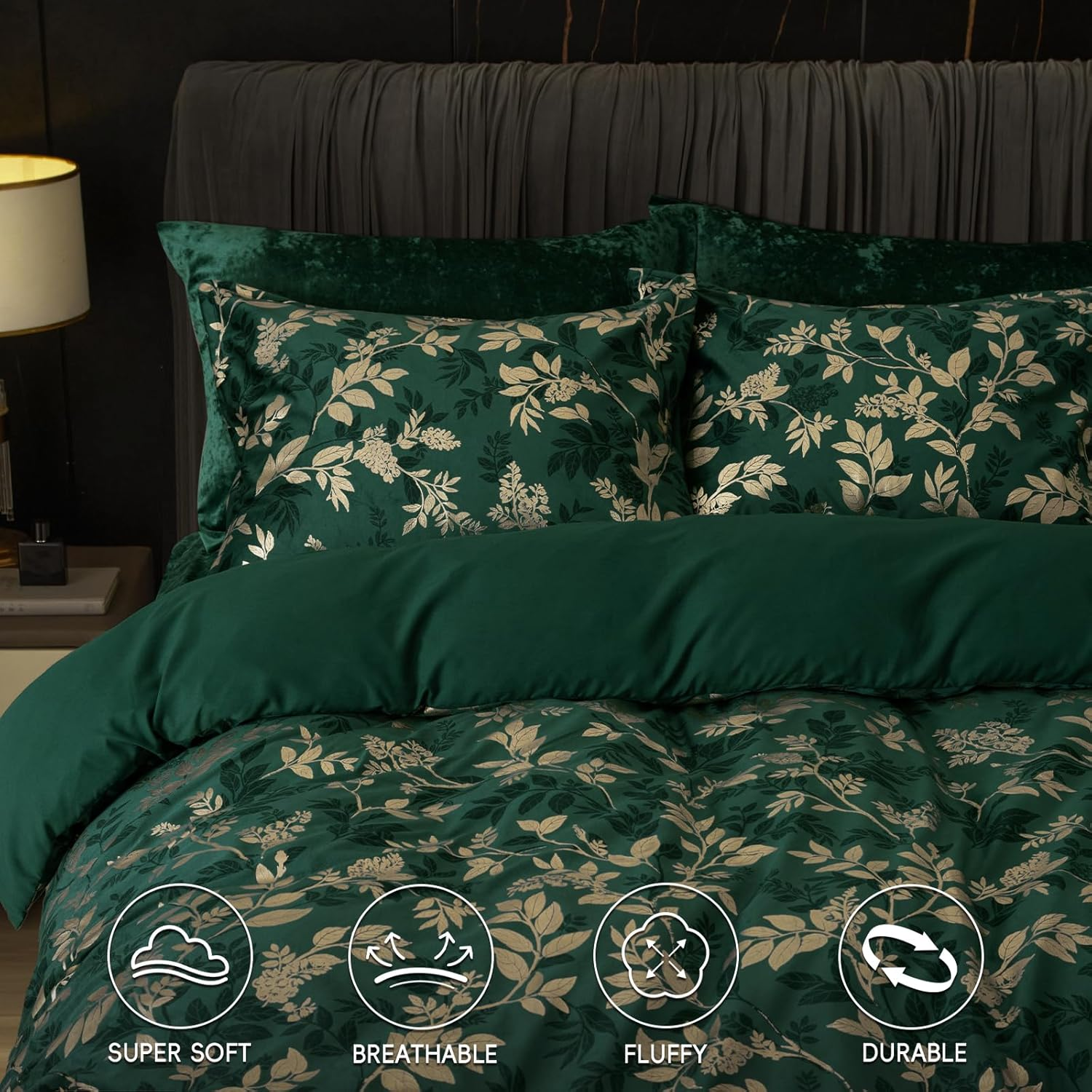 PHF Truly Velvet Duvet Cover Set King Size, 3Pcs Leaves Print Ultra Soft Breathable Comforter Cover Set, Luxury Cozy Flannel Duvet Cover with Pillow Shams Bedding Collection, 104" X 90",Green and Gold image number 4