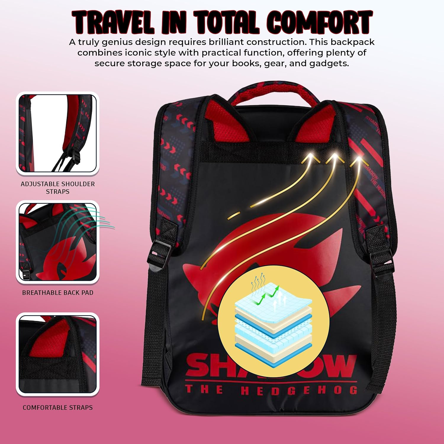 AI ACCESSORY INNOVATIONS Sonic the Hedgehog Backpack for Boys & Girls, Shadow 16 Inch Schoolbag with Reflective Ink, Black image number 4