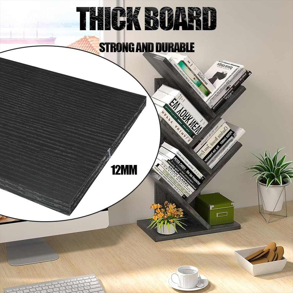 SHENMAIDAY 5 Layer Small Tree Shape Bookshelf, Book Storage Organizer, Desktop Book Display Rack for Books Magazines CD Freestanding Vintage Wooden Storage Rack for Home Office Bedroom (Black) - White image number 5