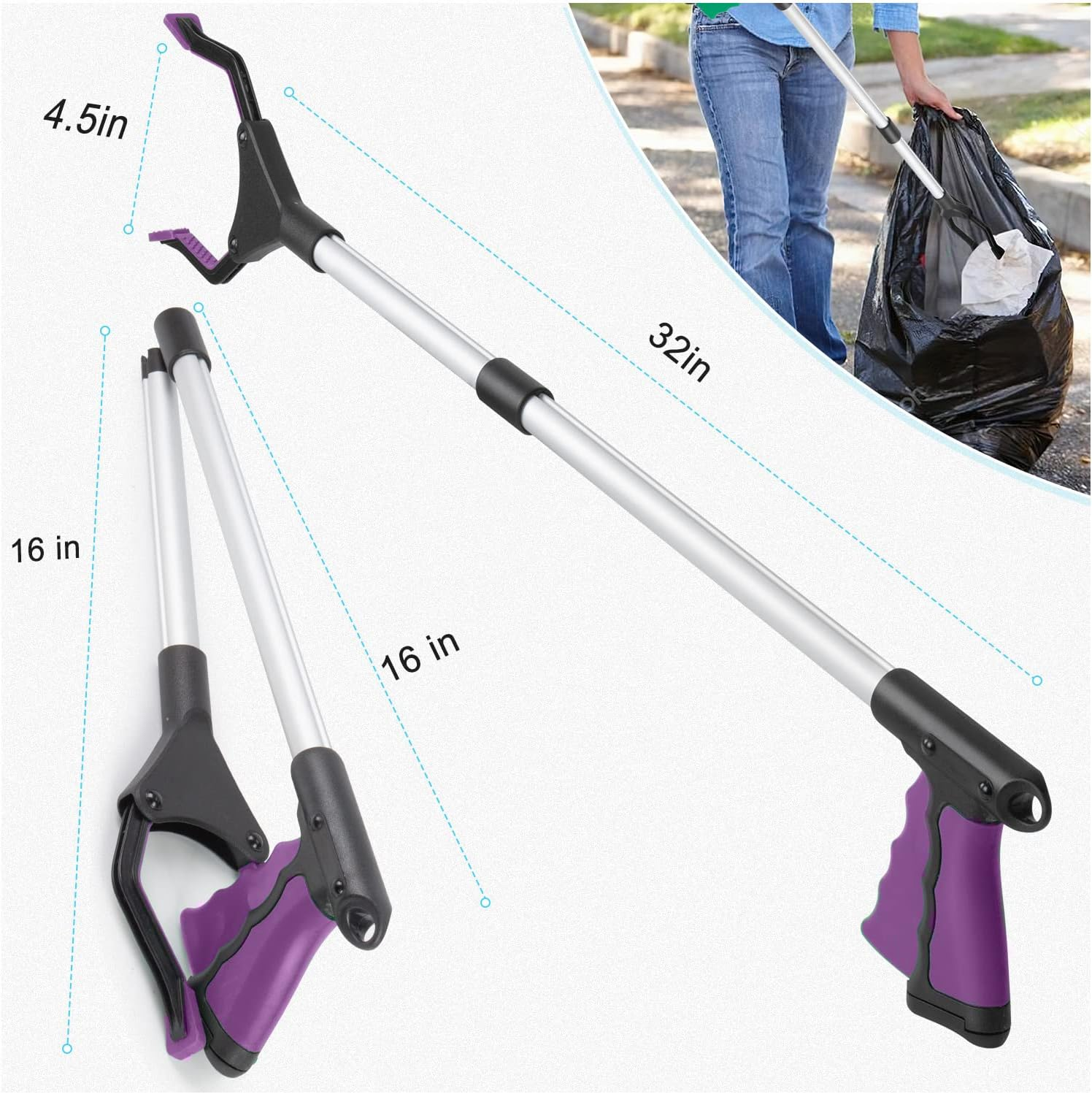 2-Pack Reacher Grabber Pickup Tool, 32" Long Grabber Reacher Tool, Trash Picker Grabber for Elderly Grab It Reaching Tool, Garbage Picker Upper Grabber, Litter Pick up Grab Tool, Claw Grabber Stick (Purple) image number 1