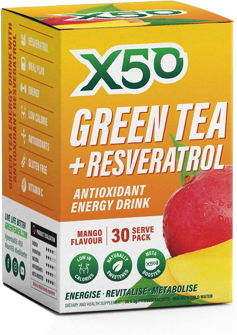 Green Tea X50 Green Tea & Resveratrol Mango Energy Drink Powder 30 Sachets, Energy, Antioxidants, Fat Burner,, Mango 90 Grams image number 1