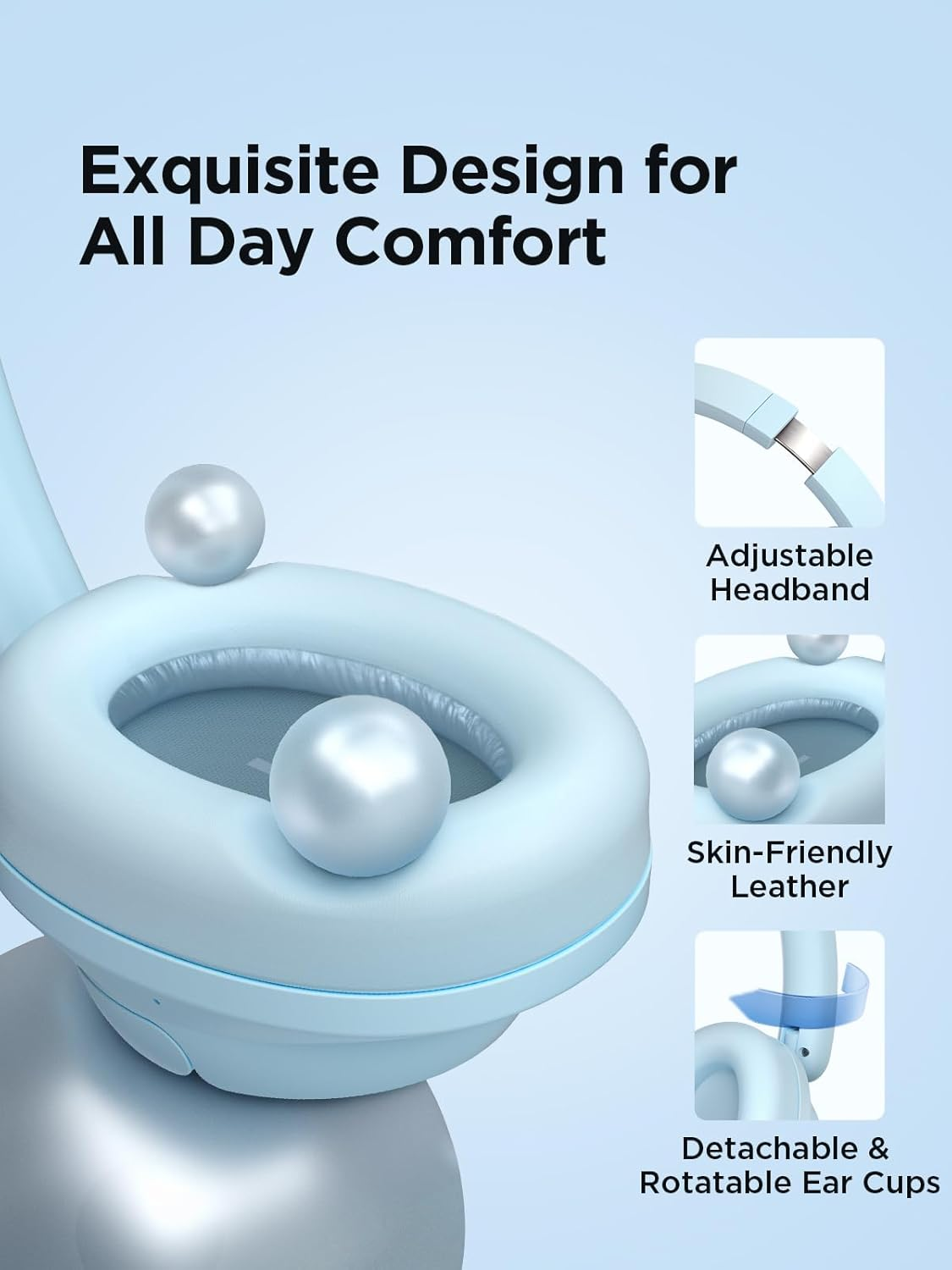 1MORE HQ31 Bluetooth Headphones Over-Ear, Hybrid Active Noise Cancelling Headphones with Hi-Res Audio, Wireless on Ear Headphones, Wired Mode Available, Preset EQ, Multipoint Connection, 90H (Blue) image number 6