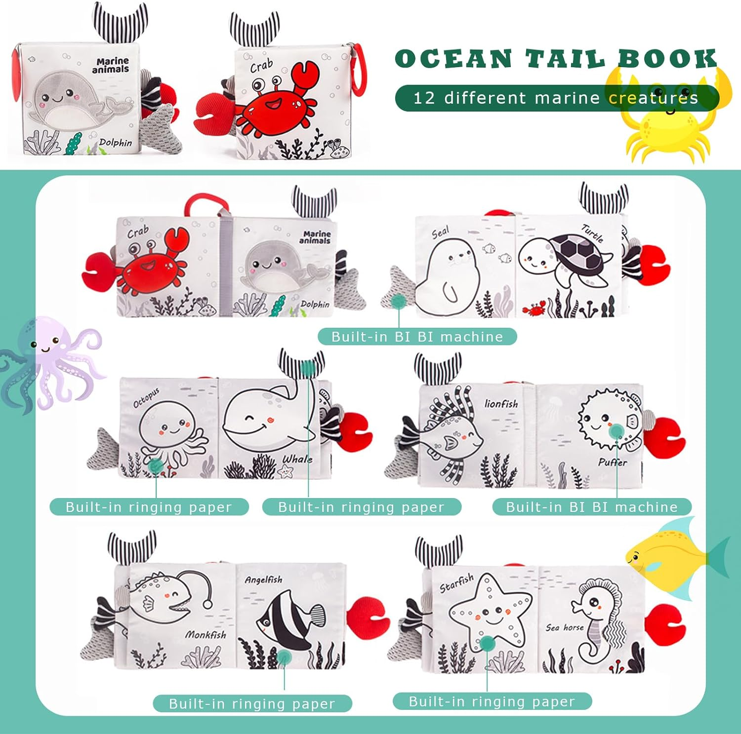 2Pcs Soft Baby Book Black and White High Contrast Animals Tails Book Bath Book Montessori Sensory Stroller Toy Non-Toxic Crinkle Washable Early Education for Baby Infant Toddler image number 3