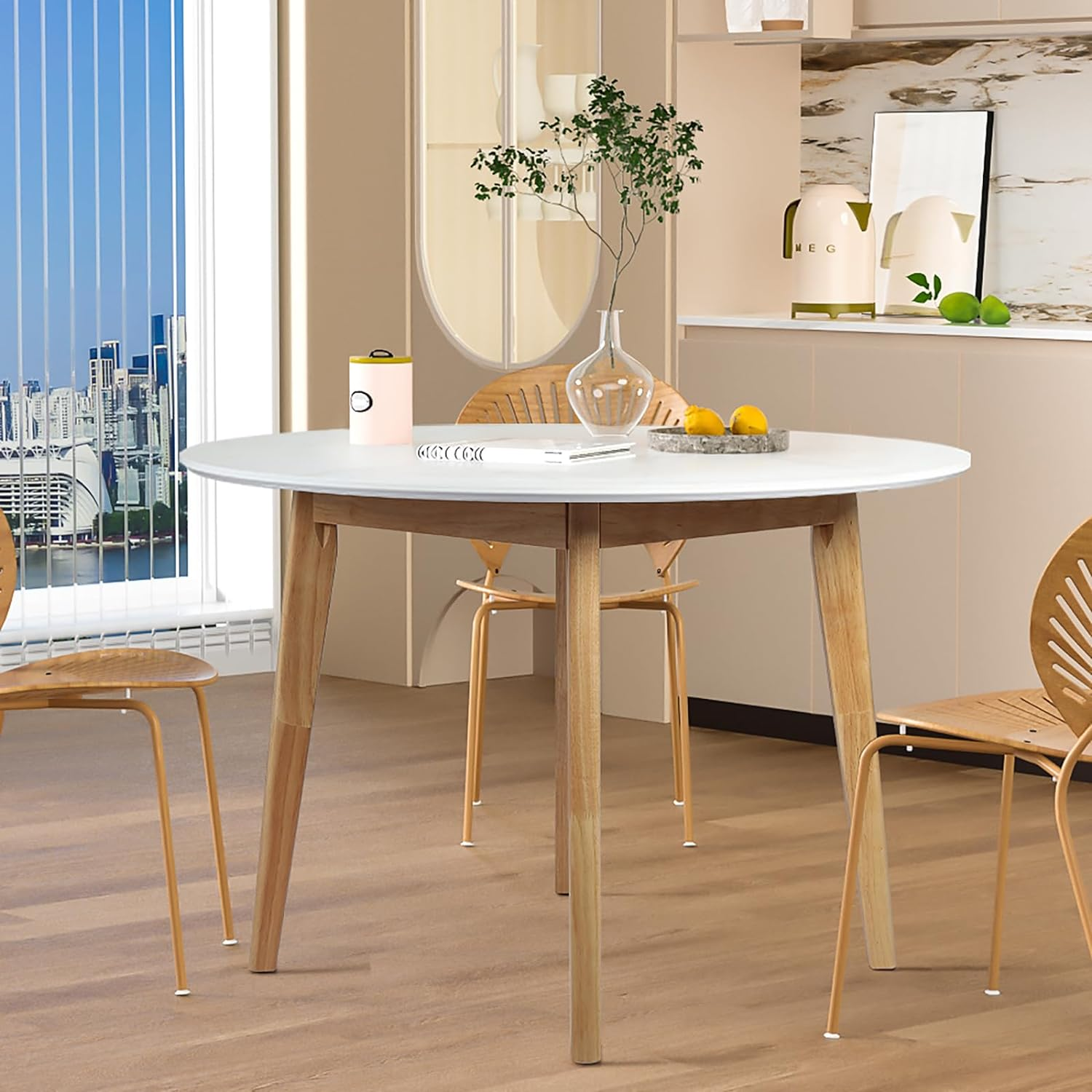 Levede round Dining Table, Oak Veneer or Melamine Top, Rubberwood Base, Anti-Slip, for Kitchen/Cafe/Restaurant, Partially Assembled(100Cm X 100Cm X 75Cm, Natural)