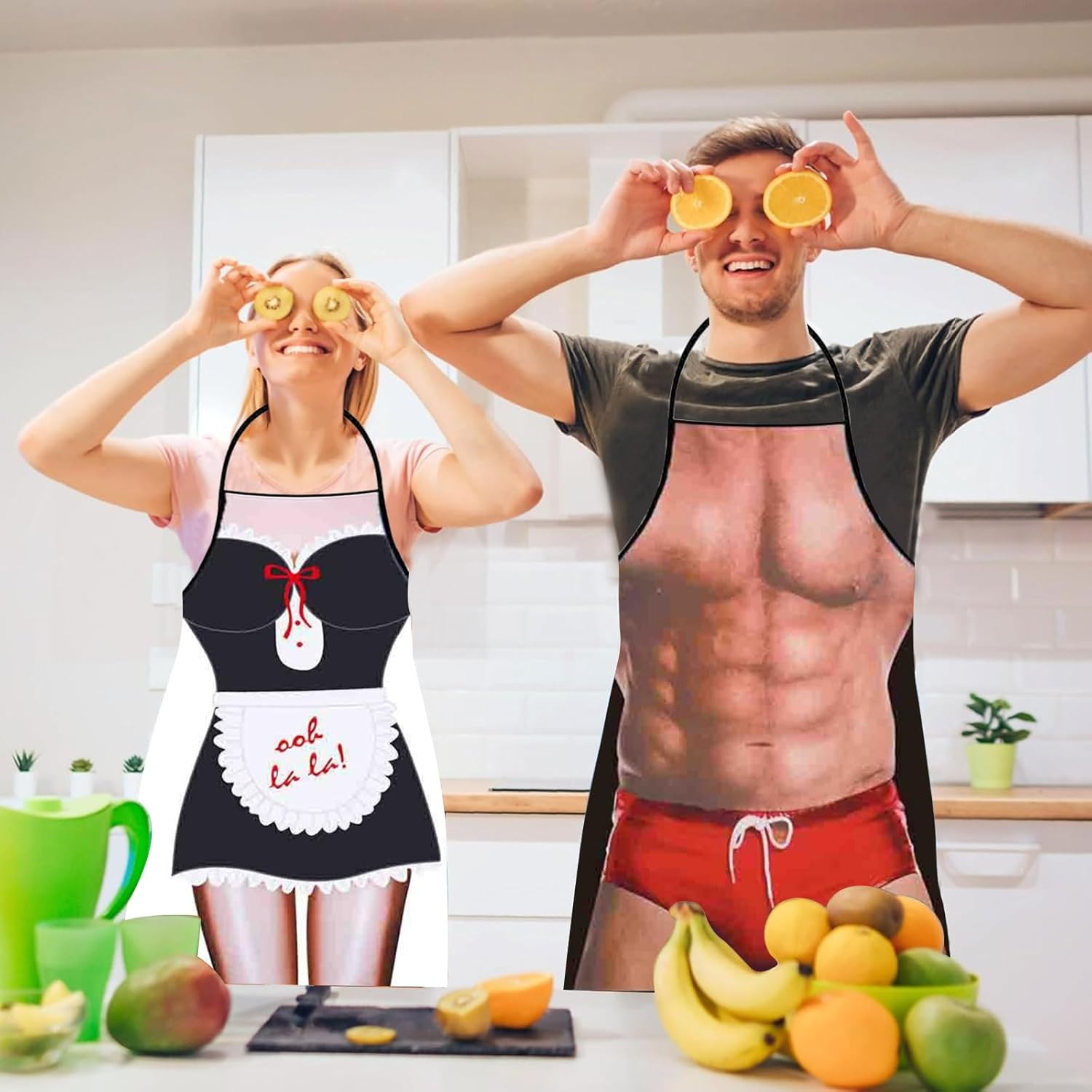 2Pack Apron, 3D Waterproof Funny Apron, Sexy Man and Woman Cooking Apron, Polyester Sexy Apron for Home, Kitchen. Funny Creative Cooking Apron Couple image number 2