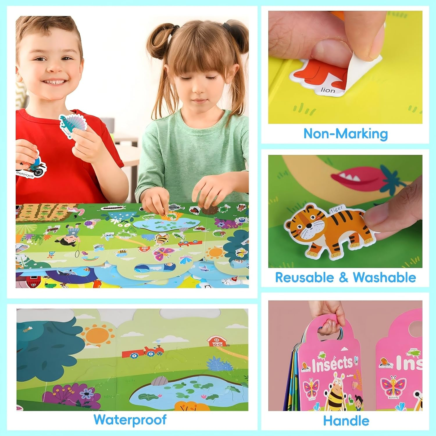 6 Sets Reusable Sticker Books for Toddlers, Includi 6 Themed Space, Animal, Ocean World, Vehicle, Insect, Dinosaur, Jelly Sticker Books for Toddlers 3-5 Years, Toddler Travel Toys image number 3