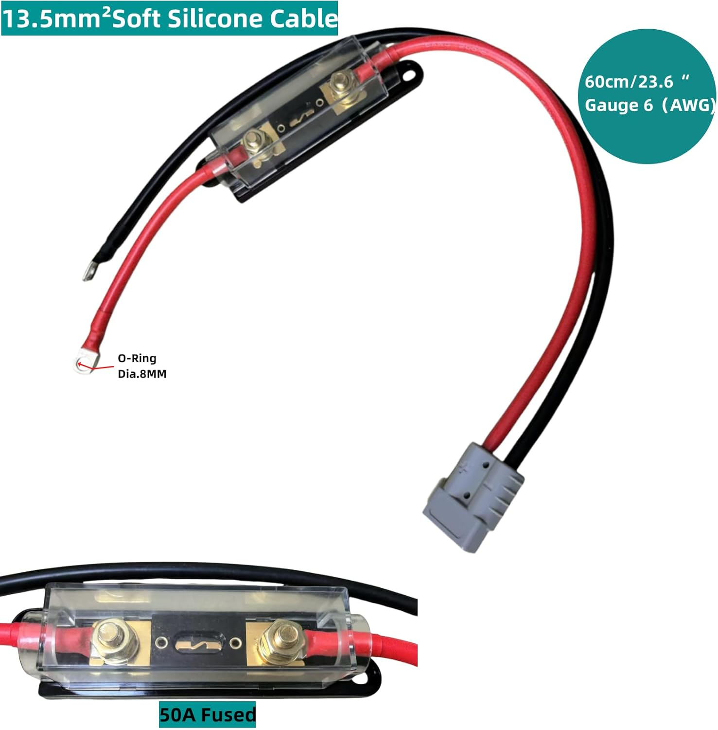 60CM 50A Fused 6AWG Anderson Connector to Battery Terminal Lug,O-Ring,Heavy Duty 13.5Mm&sup2; Pure Copper for Solar,Battery Box (Dia.Ad-6Mm Eyelets-Fused) image number 2